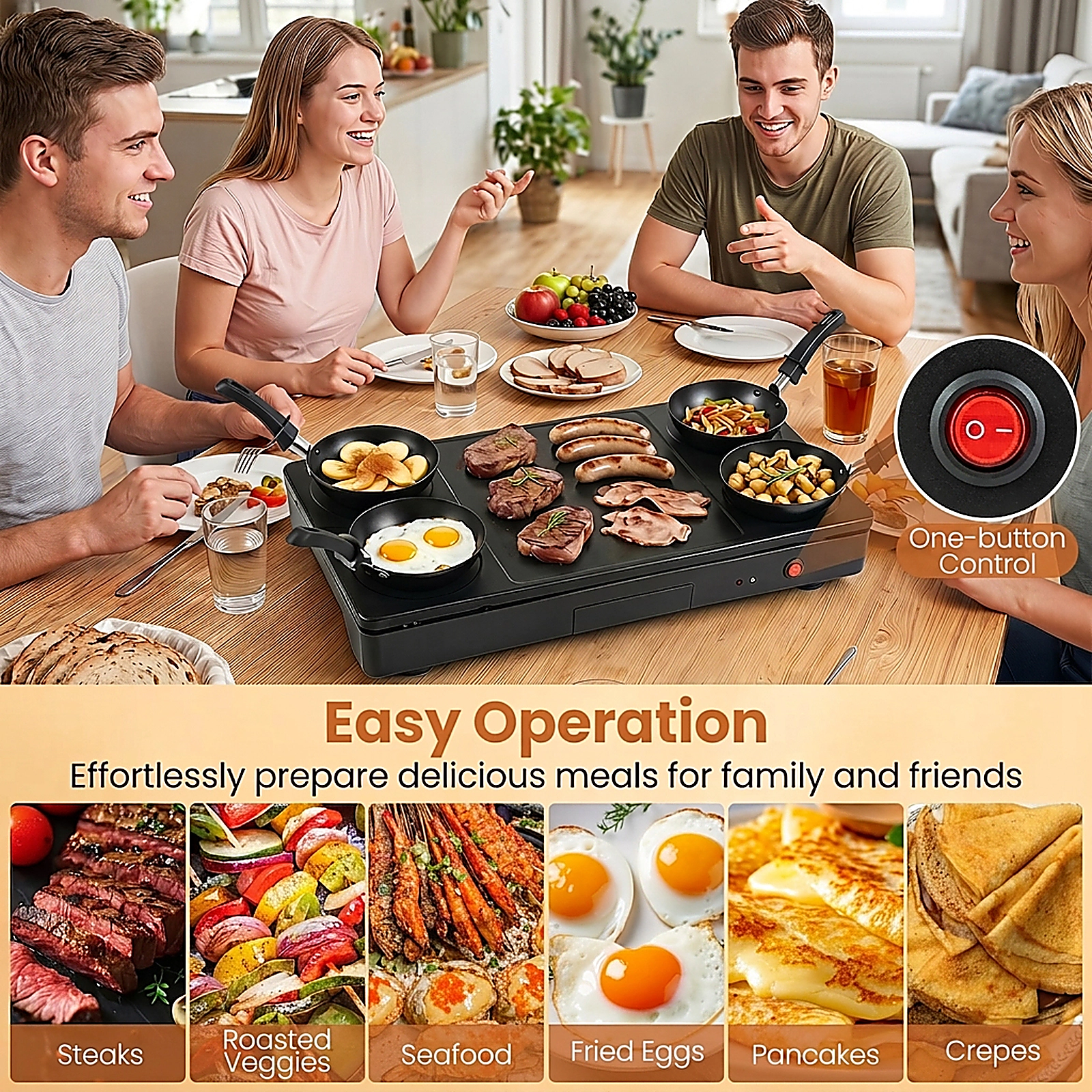SUGIFT 1000W Electric Grill Griddle Black with 4 Nonstick Woks and Wooden Spatulas