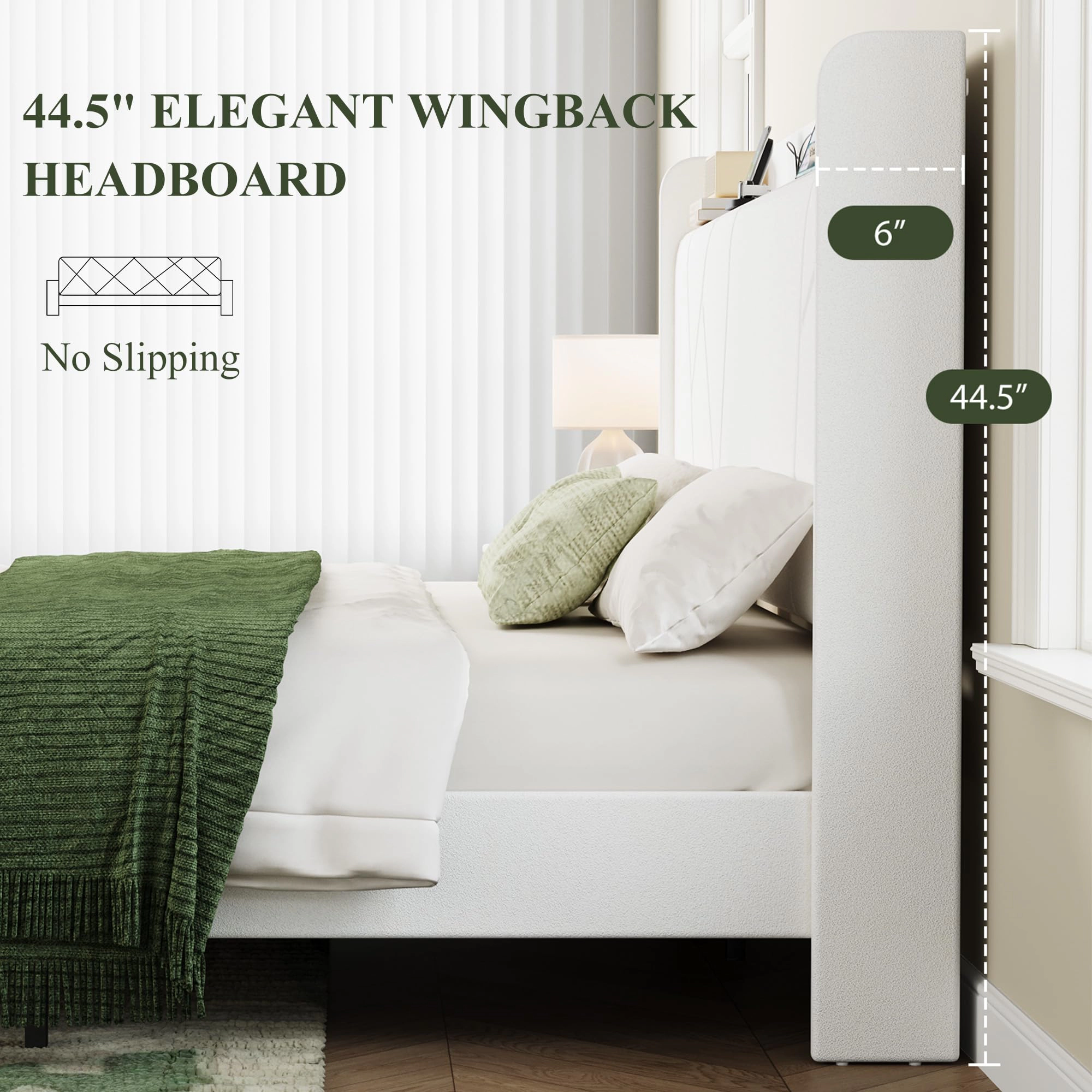 Velvet Upholstered Platform Bed with Wingback Storage Headboard, Charging Station, 12 Wood Slats