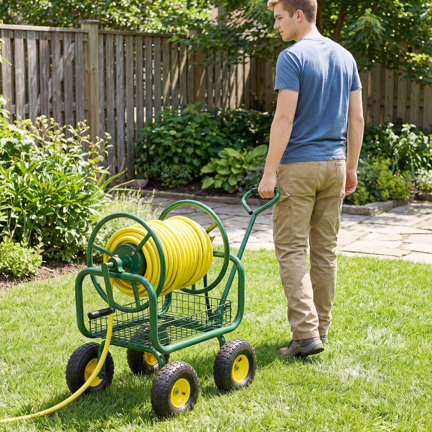 SUGIFT Garden Hose Reel Cart 300 Feet with Air-Filled Tires and Storage Basket