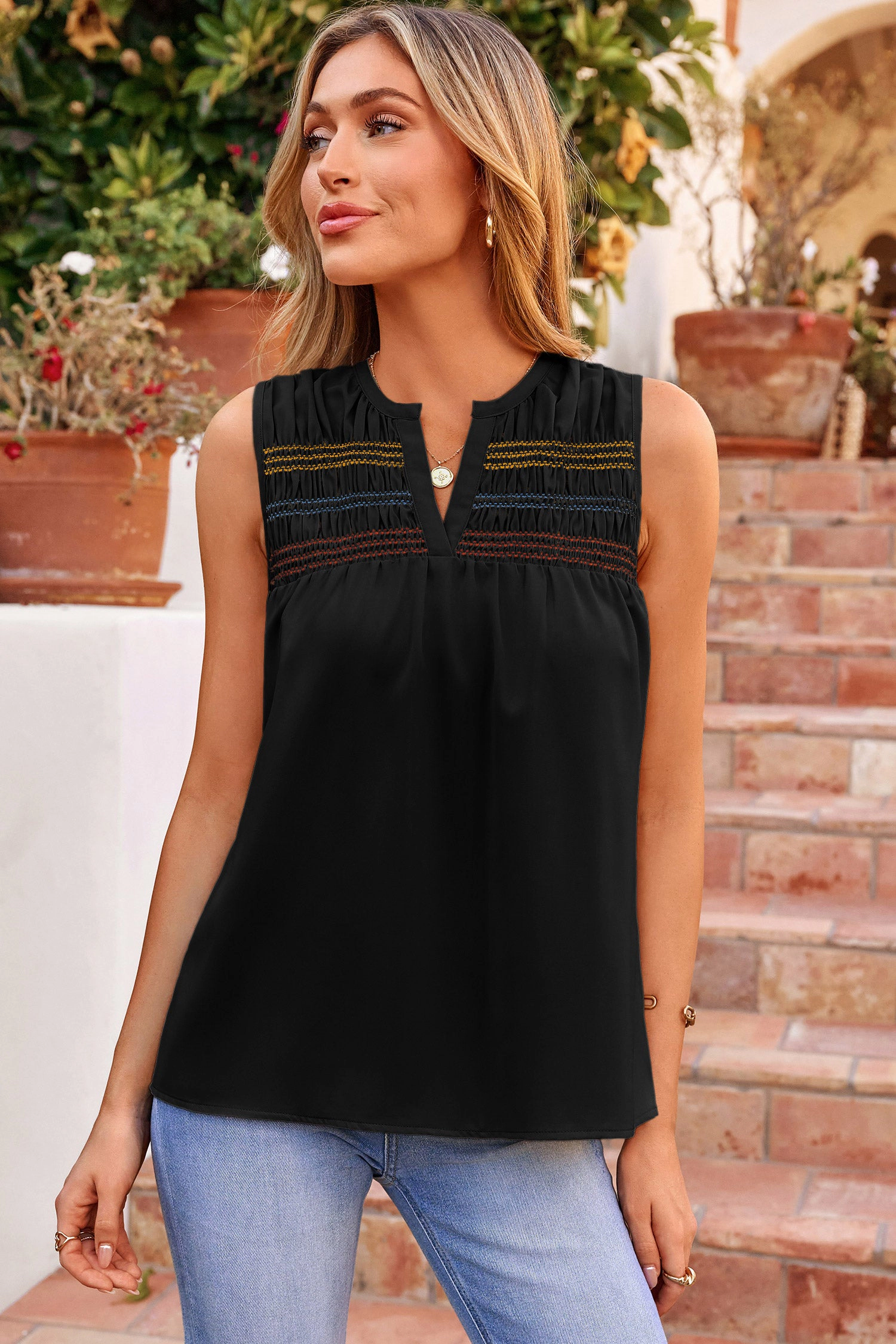 Threaded Pear Womens Mazie Stitch Smocked Sleeveless Shift Top - Black