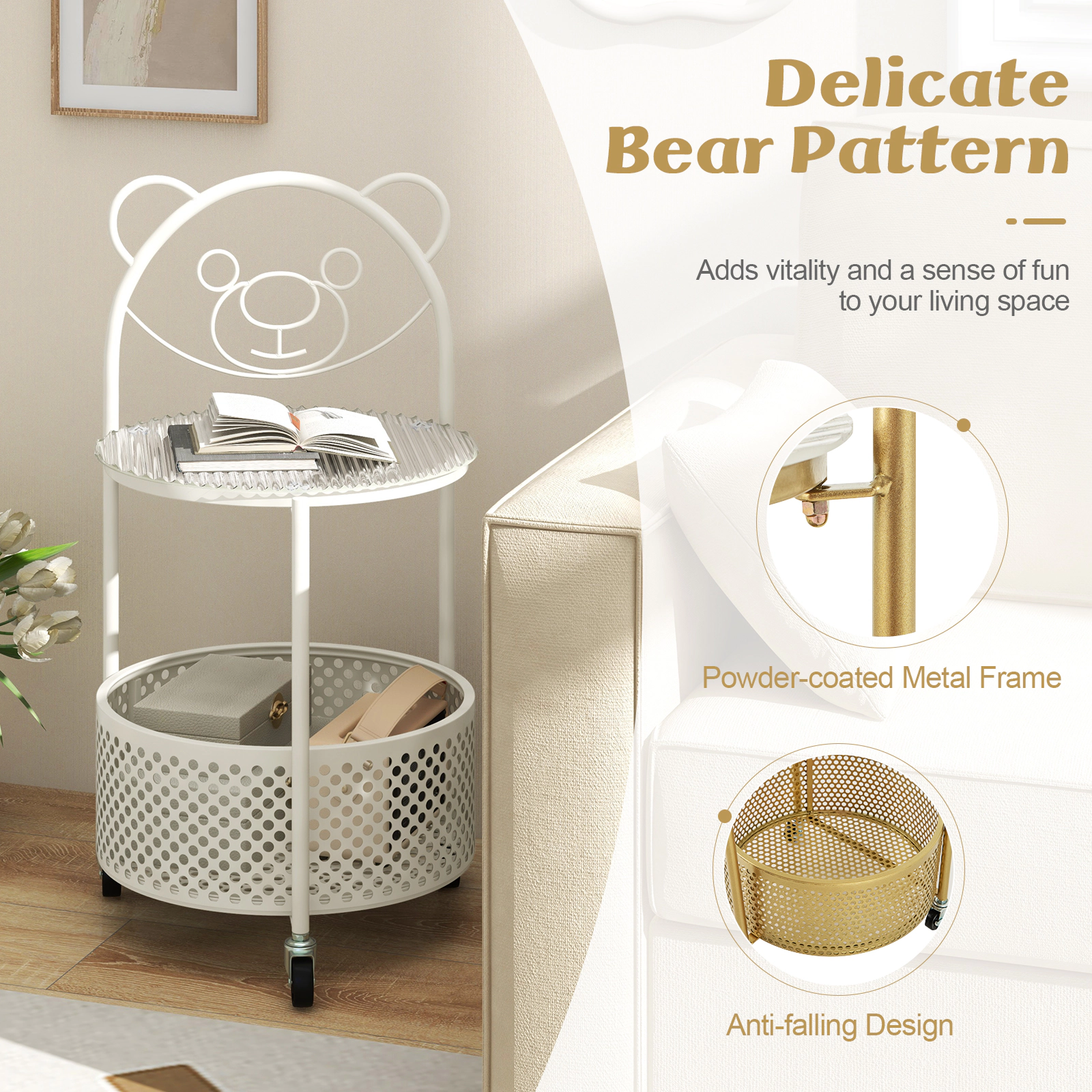 SUGIFT Tempered Glass Top Metal Basket Lockable Rolling Storage Side Table White