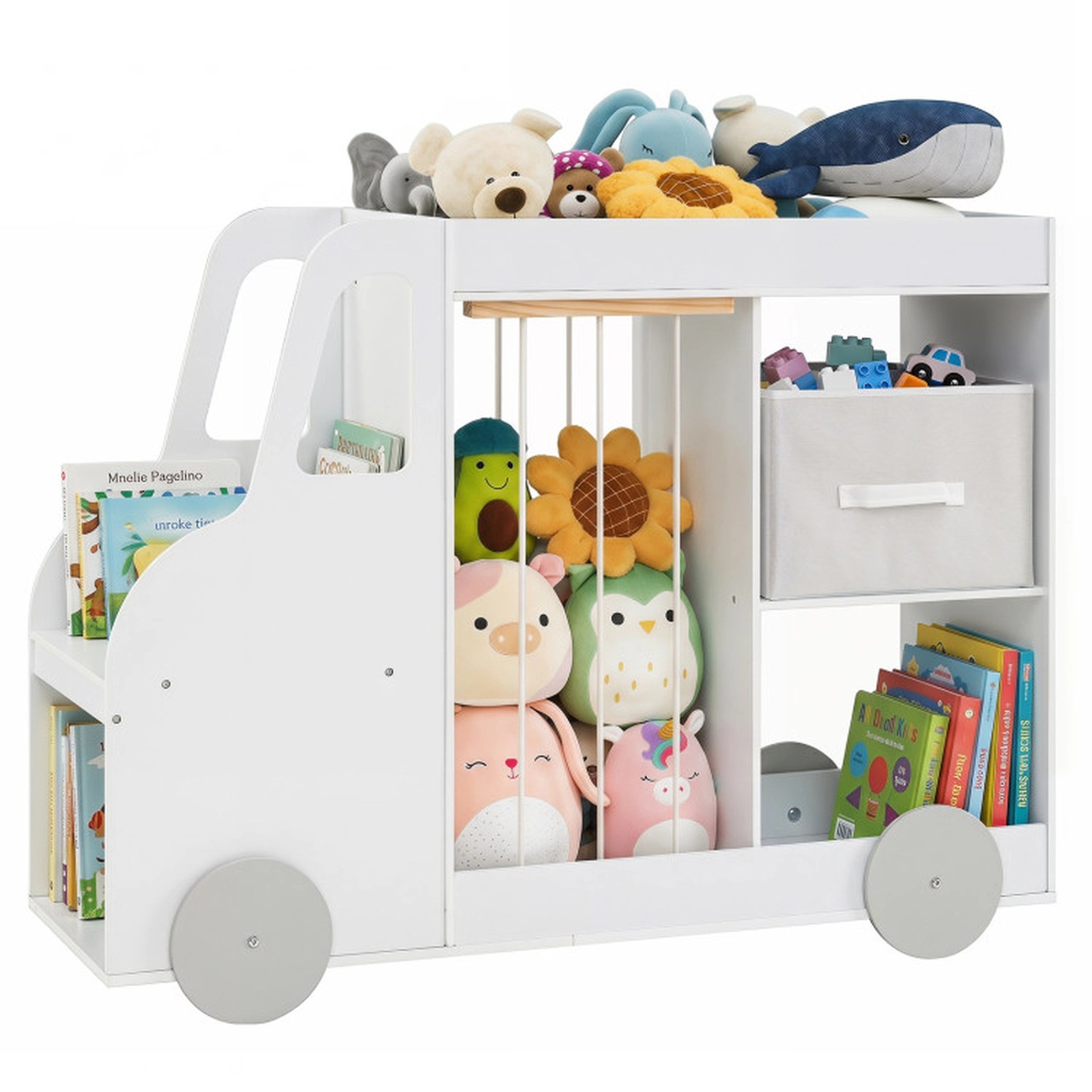 SUGIFT Toy Storage Organizer with Stuffed Animal Storage Fabric Drawer and Universal Wheels 35-lb Shelves Ages 3+ White