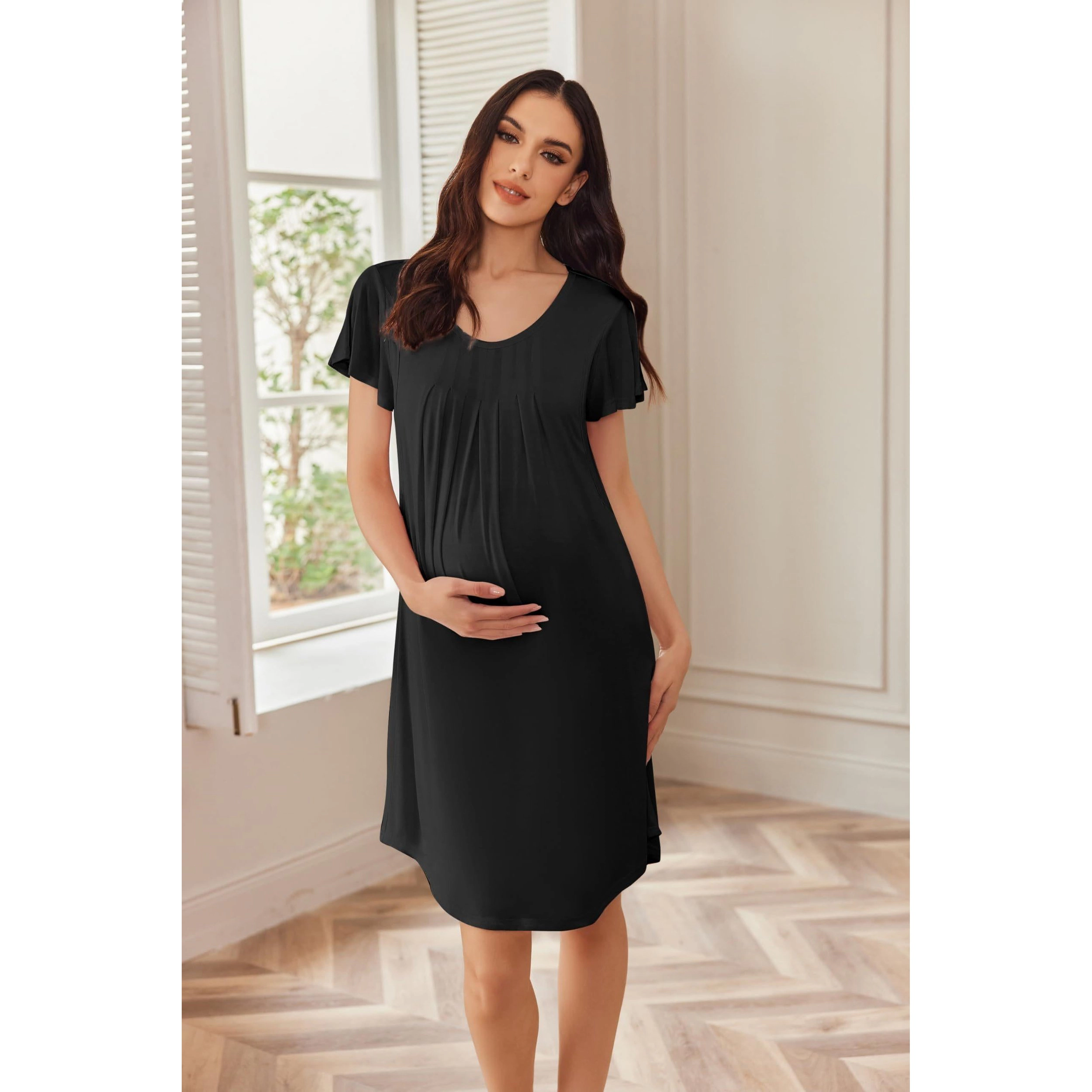 Ekouaer Nursing Nightgown Labor and Delivery Gown for Hospital Pleated Breastfeeding Dress