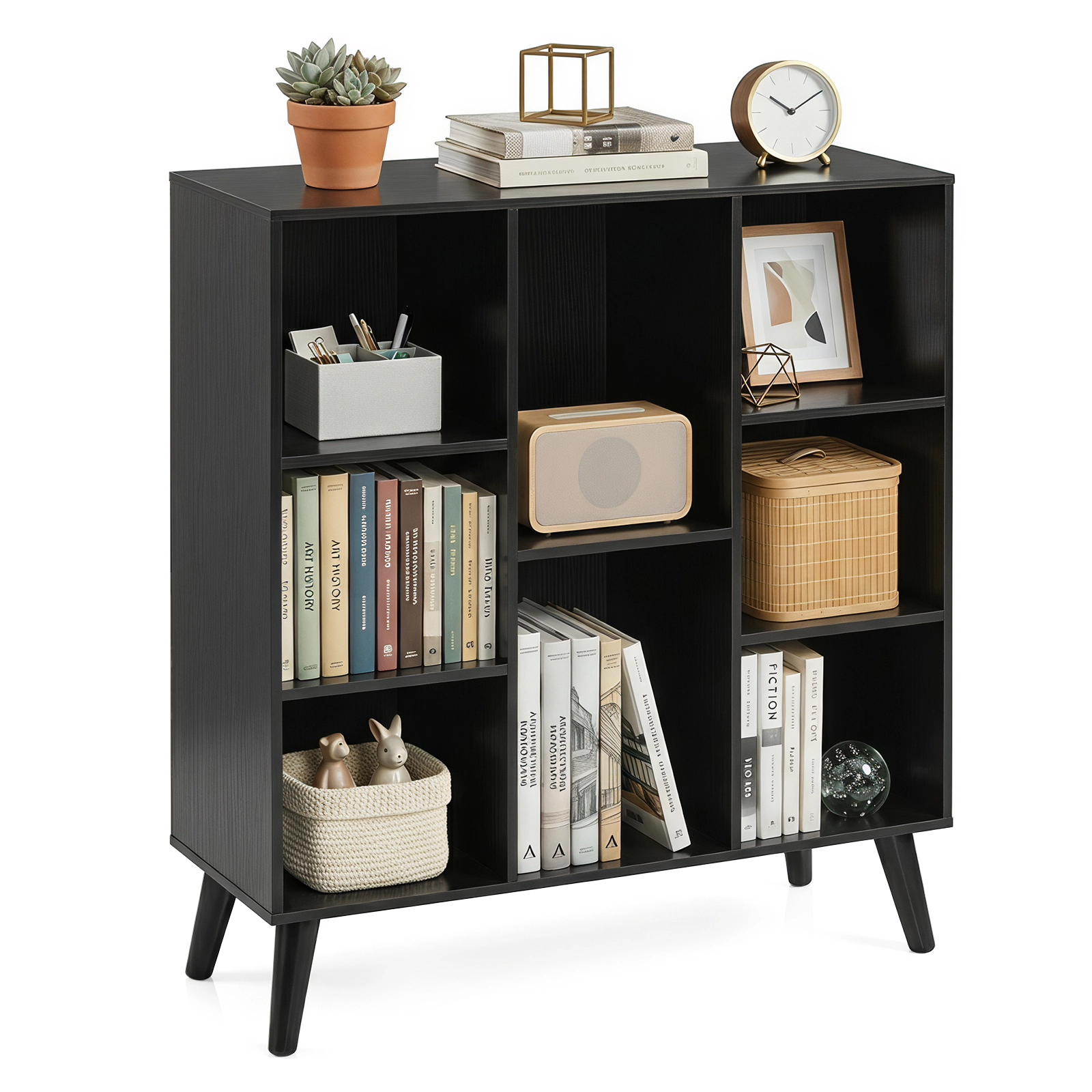 Costway 8-Cube Bookshelf, 3-Tier Bookcase with Elevated Metal Legs for Living Room & Office Rustic Brown