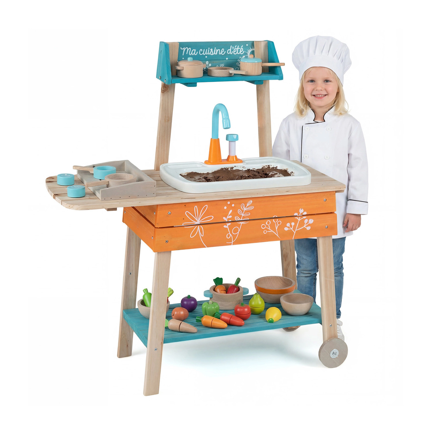 LJG Outdoor Kids Play Kitchen Set Wooden Toy Kitchen Playset with Removable Sink