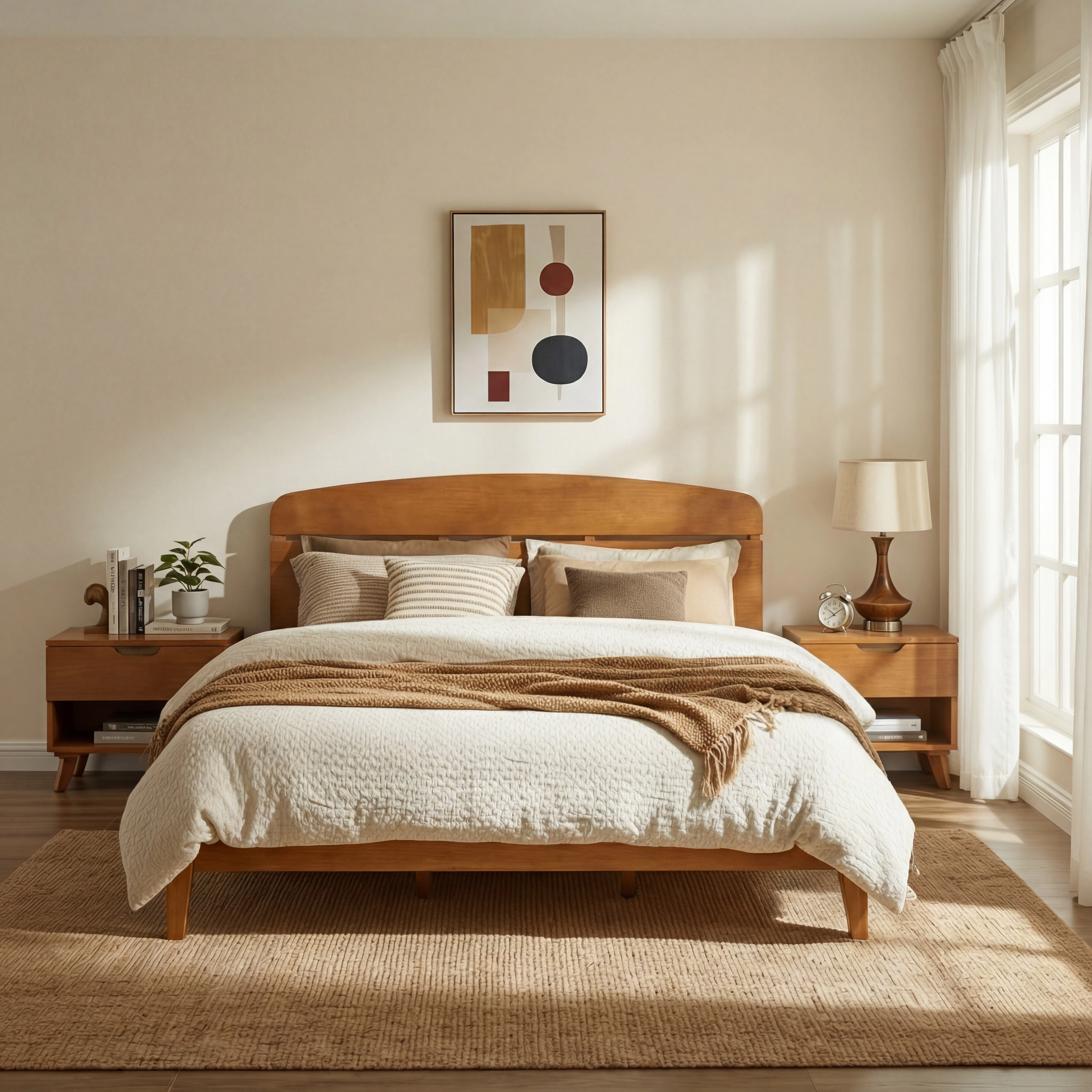 Flynama King Solid Wood Platform Bed with Curved Headboard, Slat Support