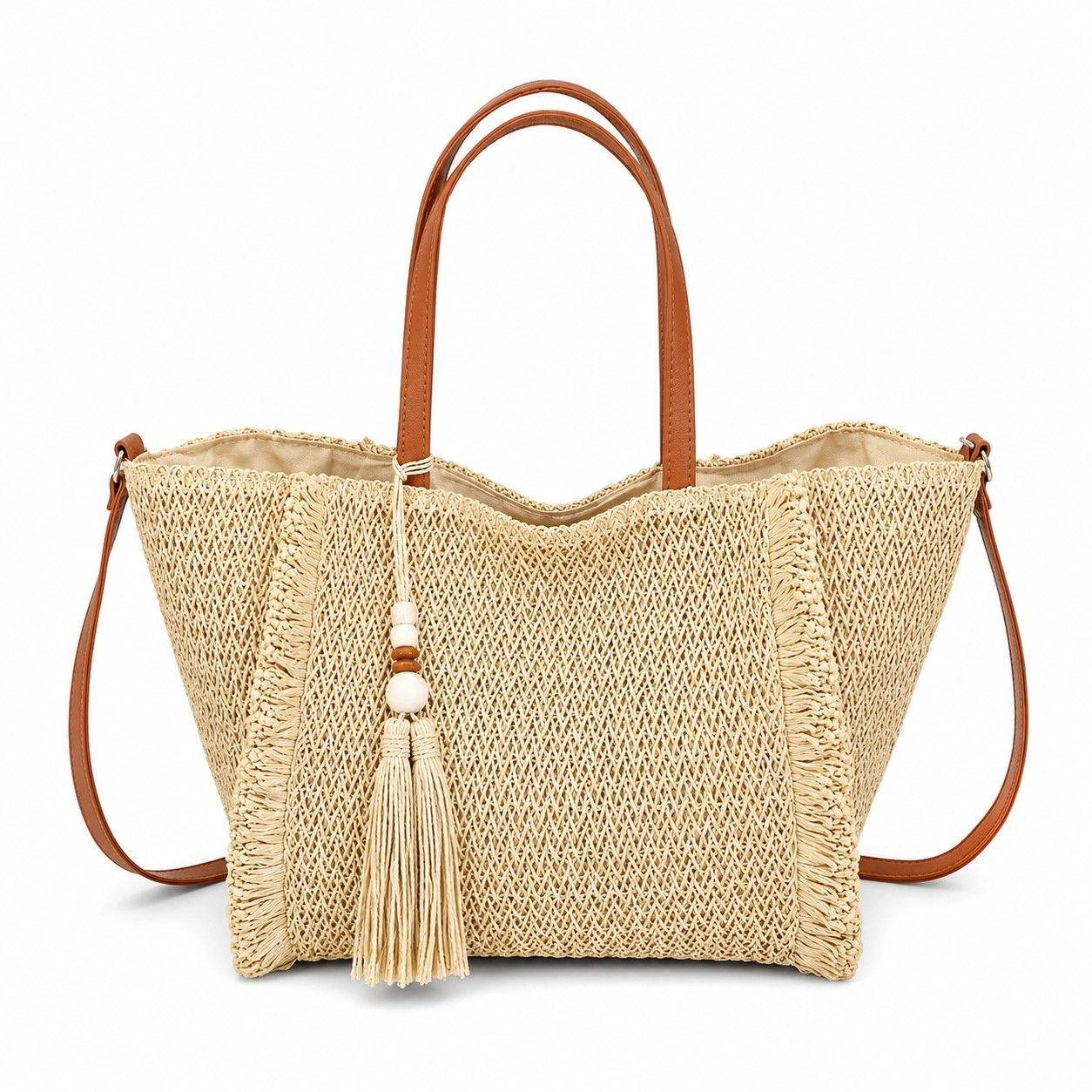 Alilang Women's Fringe Woven Tote Bag with Detachable Strap Zip Closure and Tassel Accent, Khaki