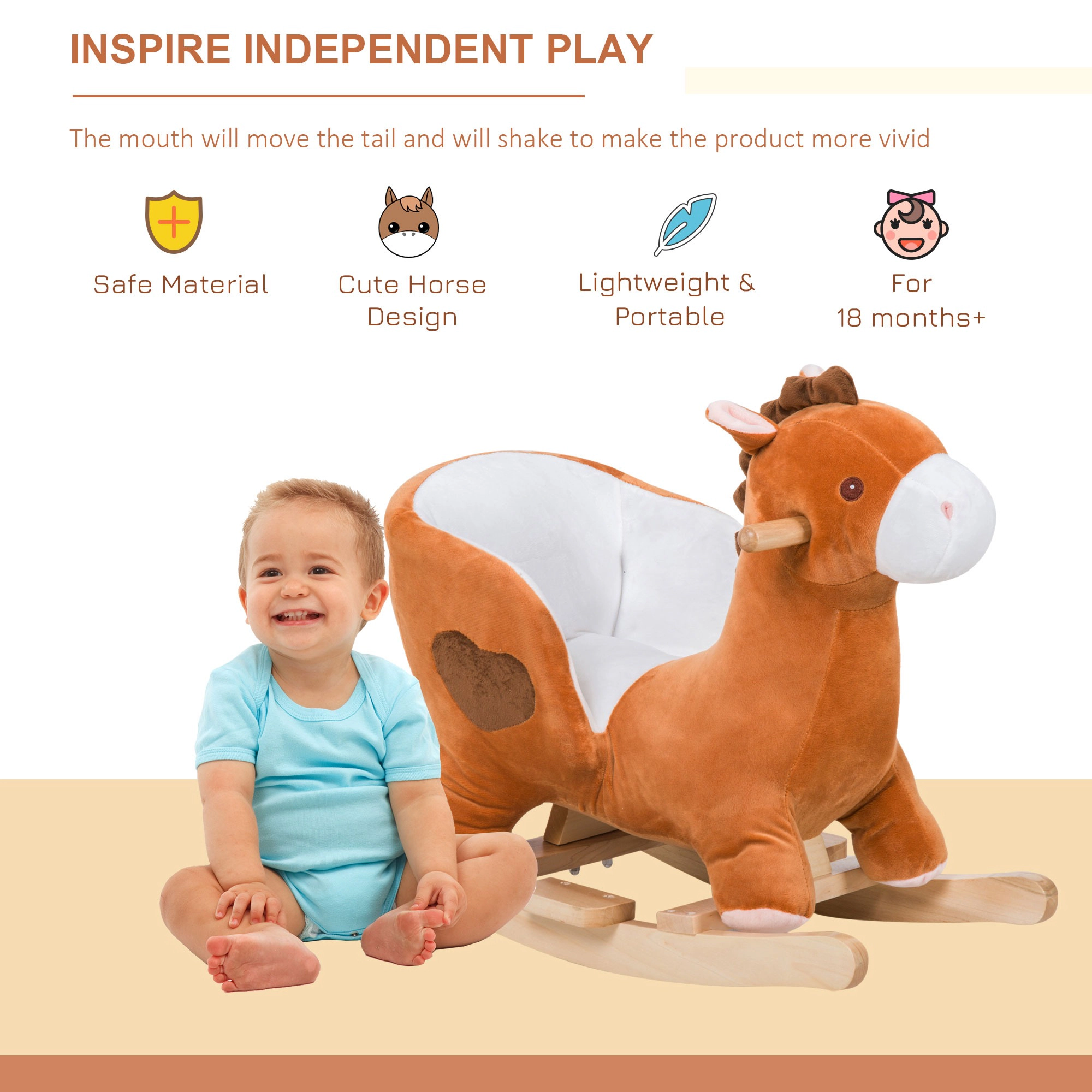 HONGGE Kids Wooden Rocking Horse with Plush Cover and Lullaby Sound, Sturdy Steel Frame, Brown, Ages 18 Months+