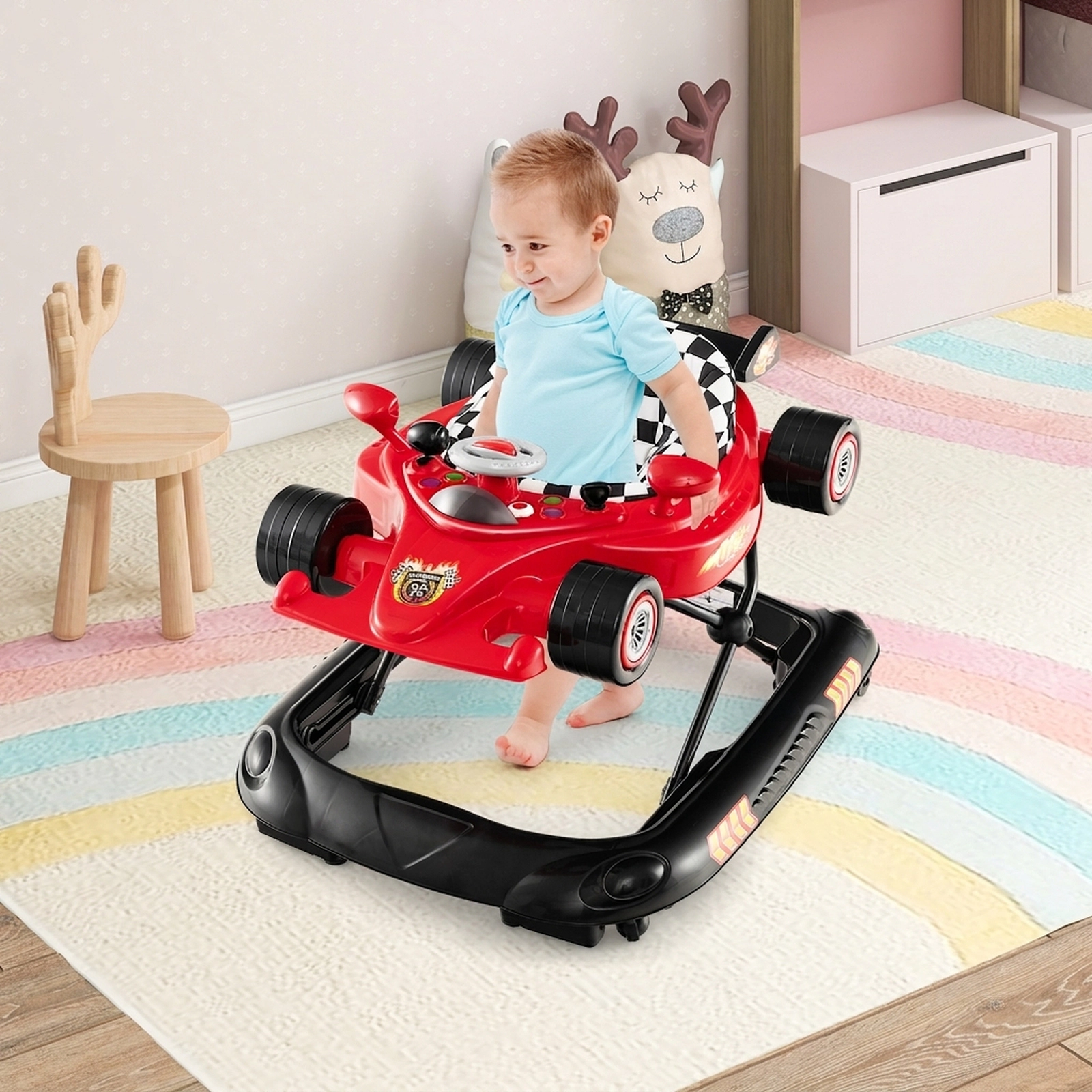 SUGIFT Red 3 Adjustable Height Settings and Music Plate Convertible Baby Walker