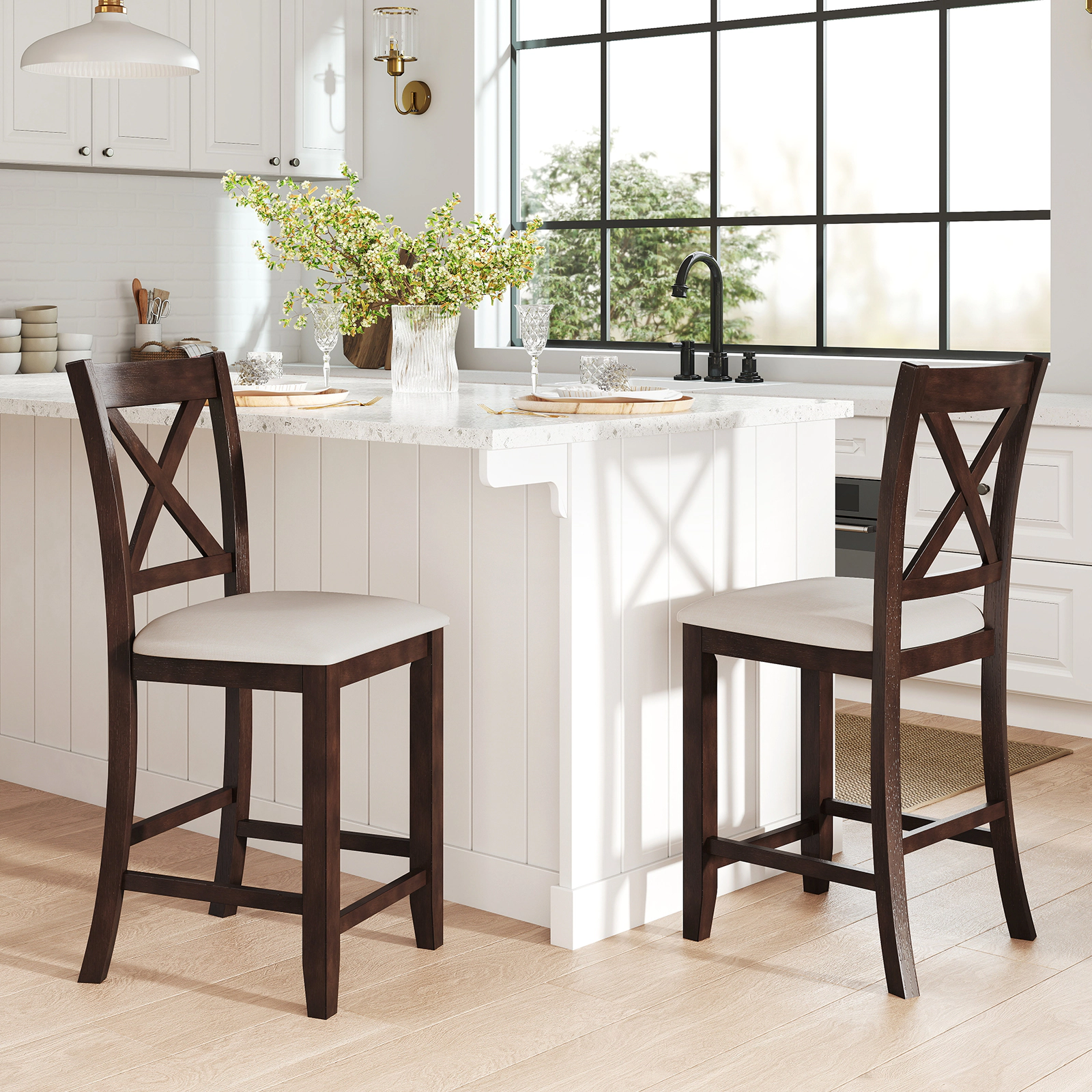 SUGIFT Slatted Back and Linen Cushion Set of 2 Modern Farmhouse Counter Height Stool