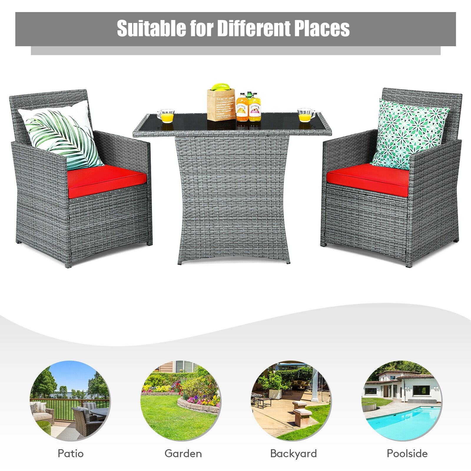 SUGIFT Patio Rattan Conversation Set with Cushioned Armrest Chairs 350-lb Chair Capacity Mixed Gray Rattan Red