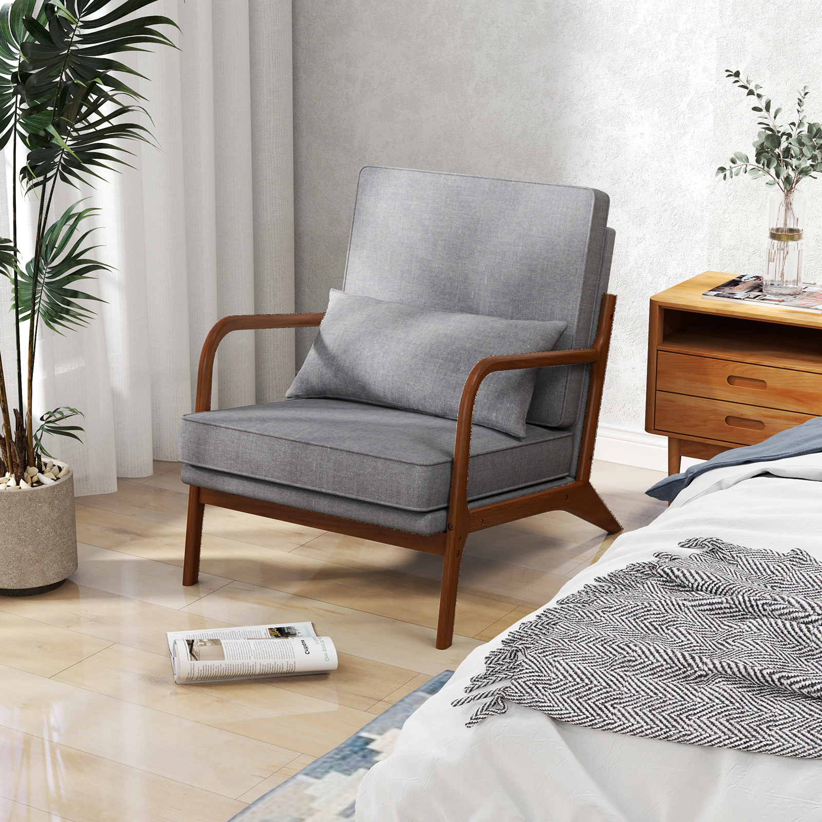 LJG Modern Accent Chair with Rubber Wood Armrests and Removable Back