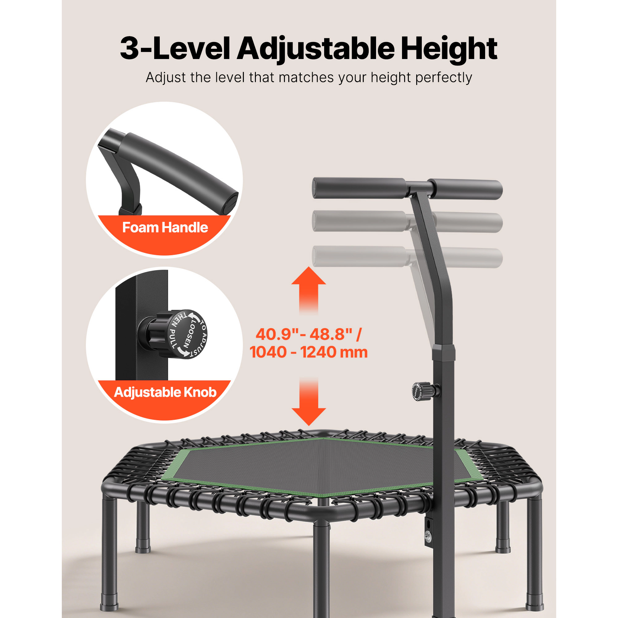 HONGGE 54.5-Inch Mini Trampoline Rebounder for Adults, 450 lbs Capacity, 3-Level Adjustable Handle