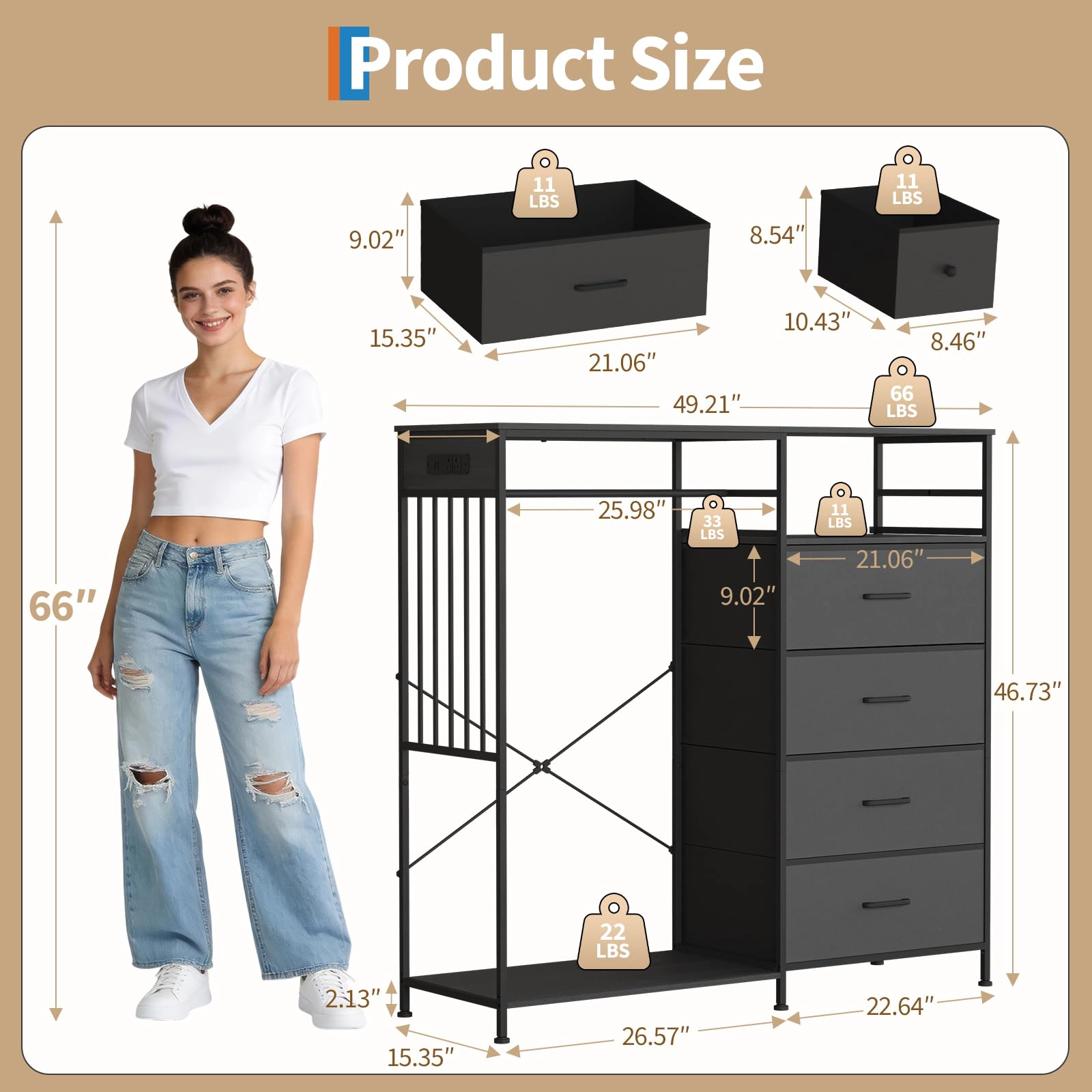 49.2" Dresser with Hanging Rack, 6 Fabric Drawers, LED Lights & Charging Station
