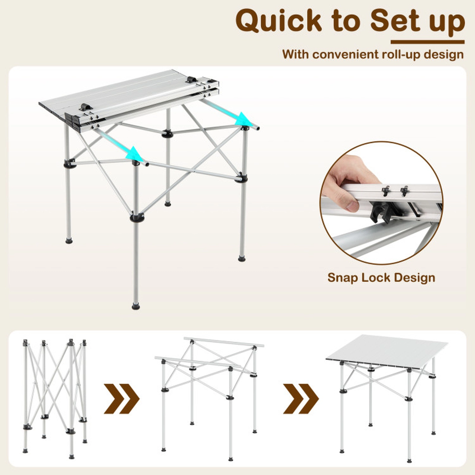 SUGIFT Silver Roll Up Folding Camping Table with Carrying Bag 28-in W 28-in D 27.5-in H 150-lb Tabletop Capacity