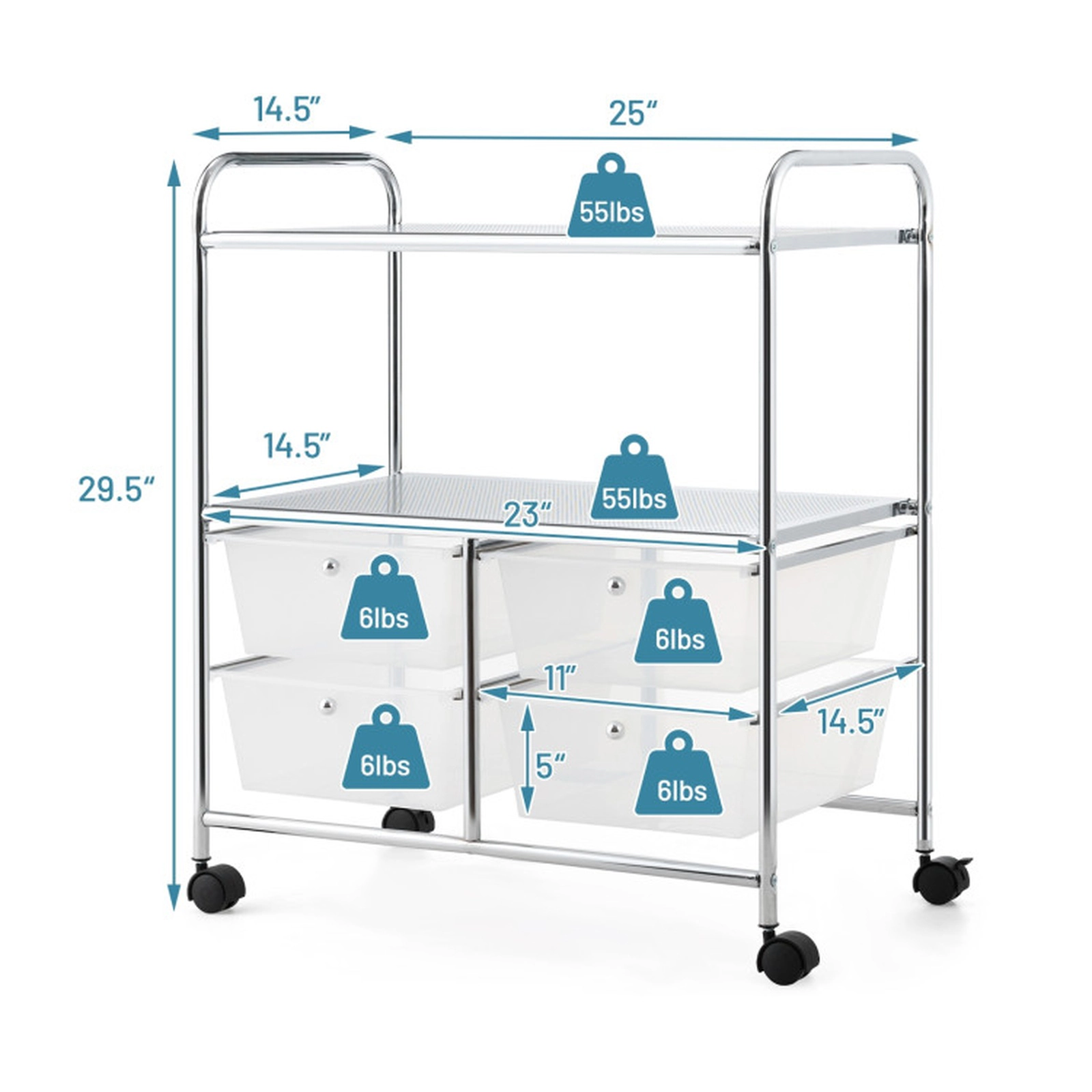 SUGIFT 4-Drawer Rolling Storage Cart with 2 Open Shelves 33-lb Capacity 25 x 14.5 x 29.5 in Clear