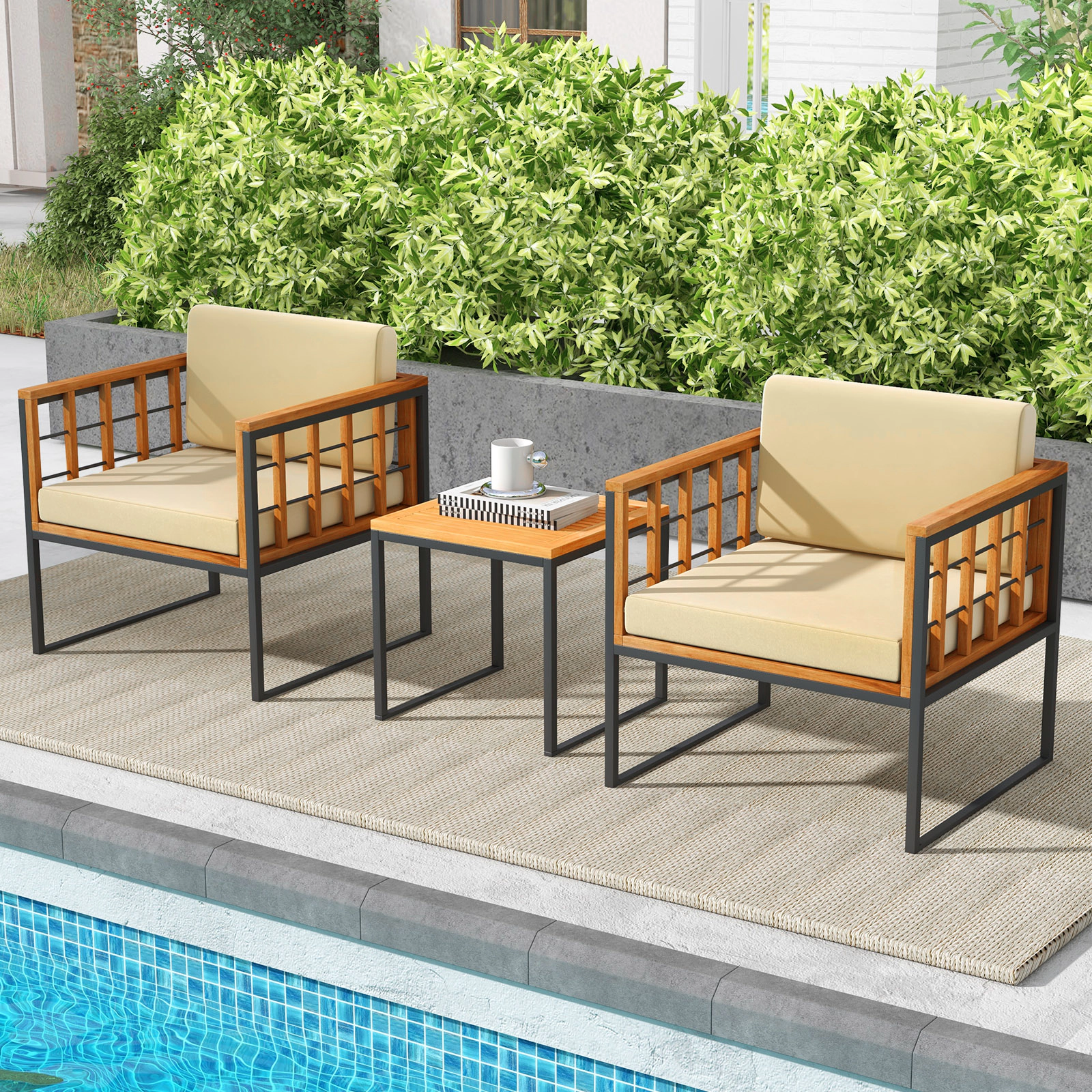 SUGIFT Beige Metal Frame and Soft Cushions 3-Piece Acacia Wood Patio Chair Set