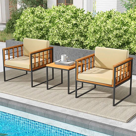SUGIFT 3-Piece Beige Patio Furniture Set with Acacia Wood Chairs and Coffee Table 400-lb Per Chair Capacity