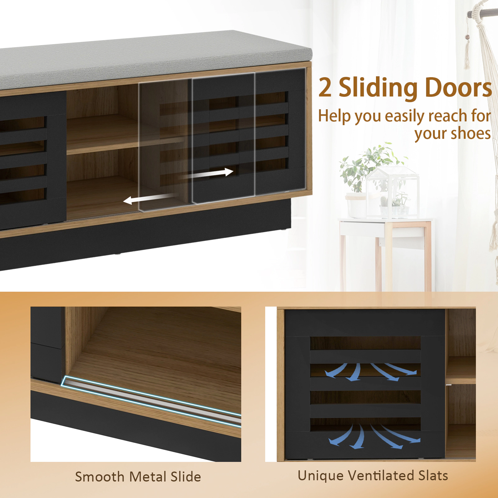 SUGIFT 39-in Shoe Storage Bench with 2 Sliding Doors 6 Compartments and Cushioned Entryway Window Seat