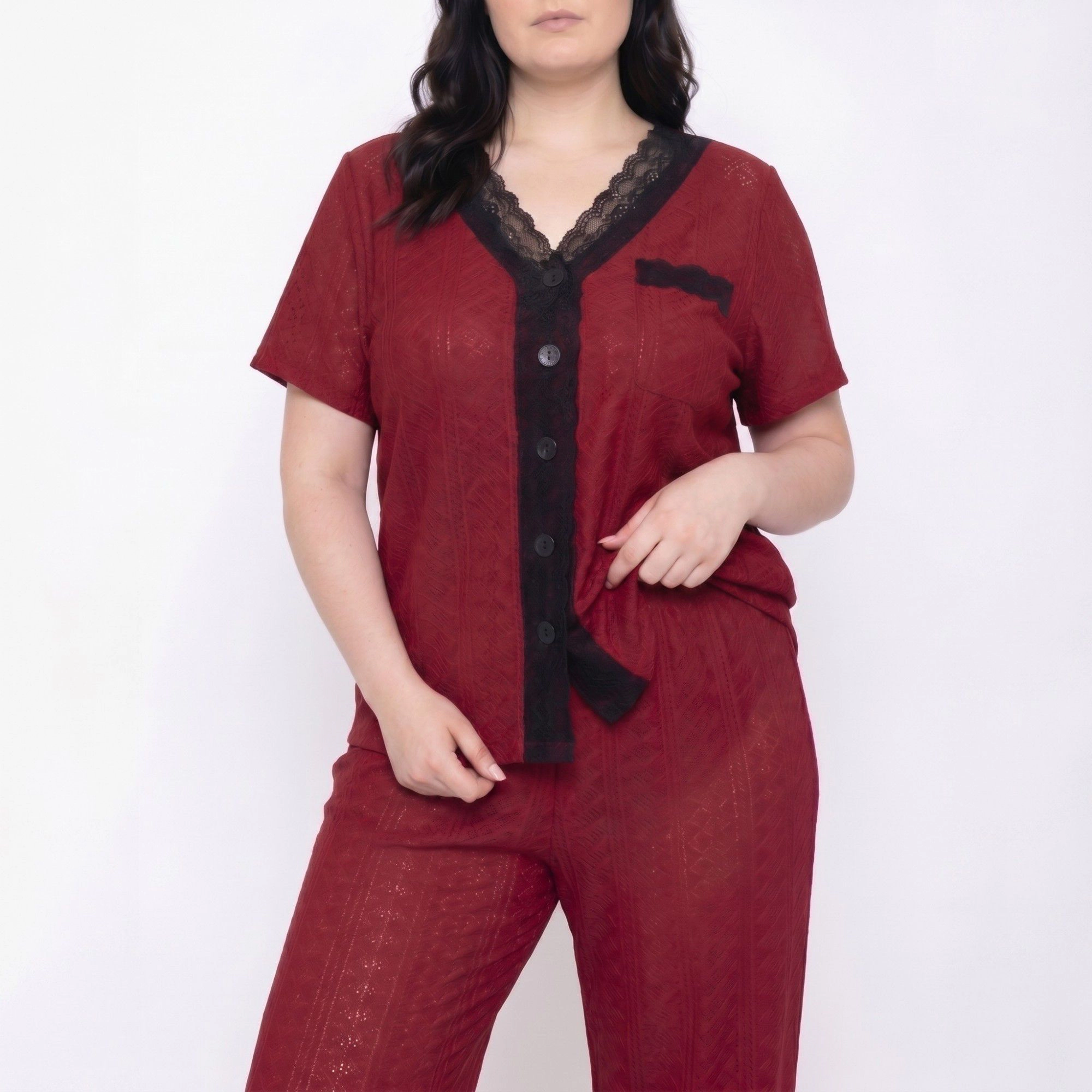 Anna-Kaci Women's Plus 2-Piece Pointelle Button Front Short Sleeve Pajama Top and Pants Set with Lace Trim