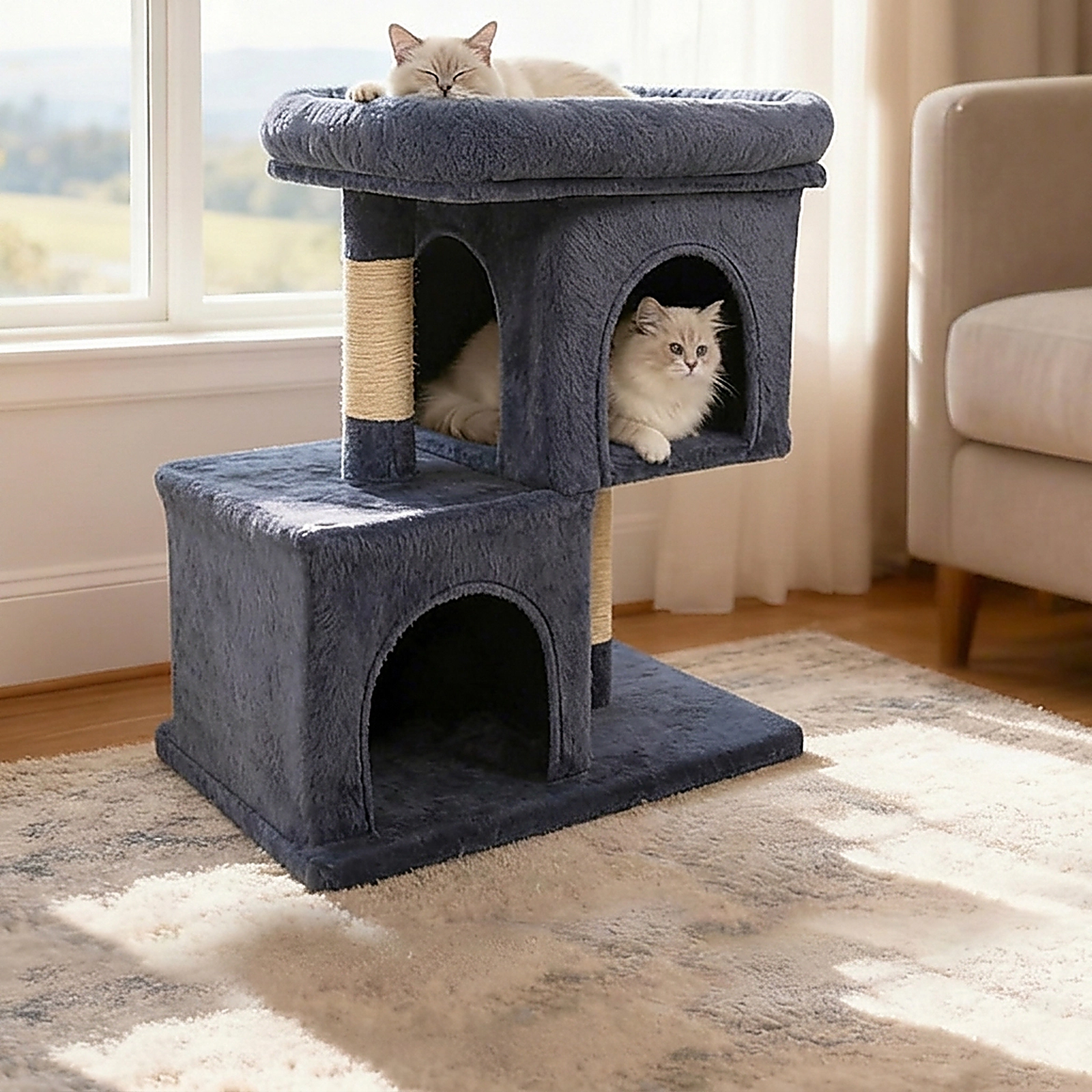 SUGIFT Dark Gray Space-Saving Cat Tower with 19 in Upholstered Perch and 2 Condos