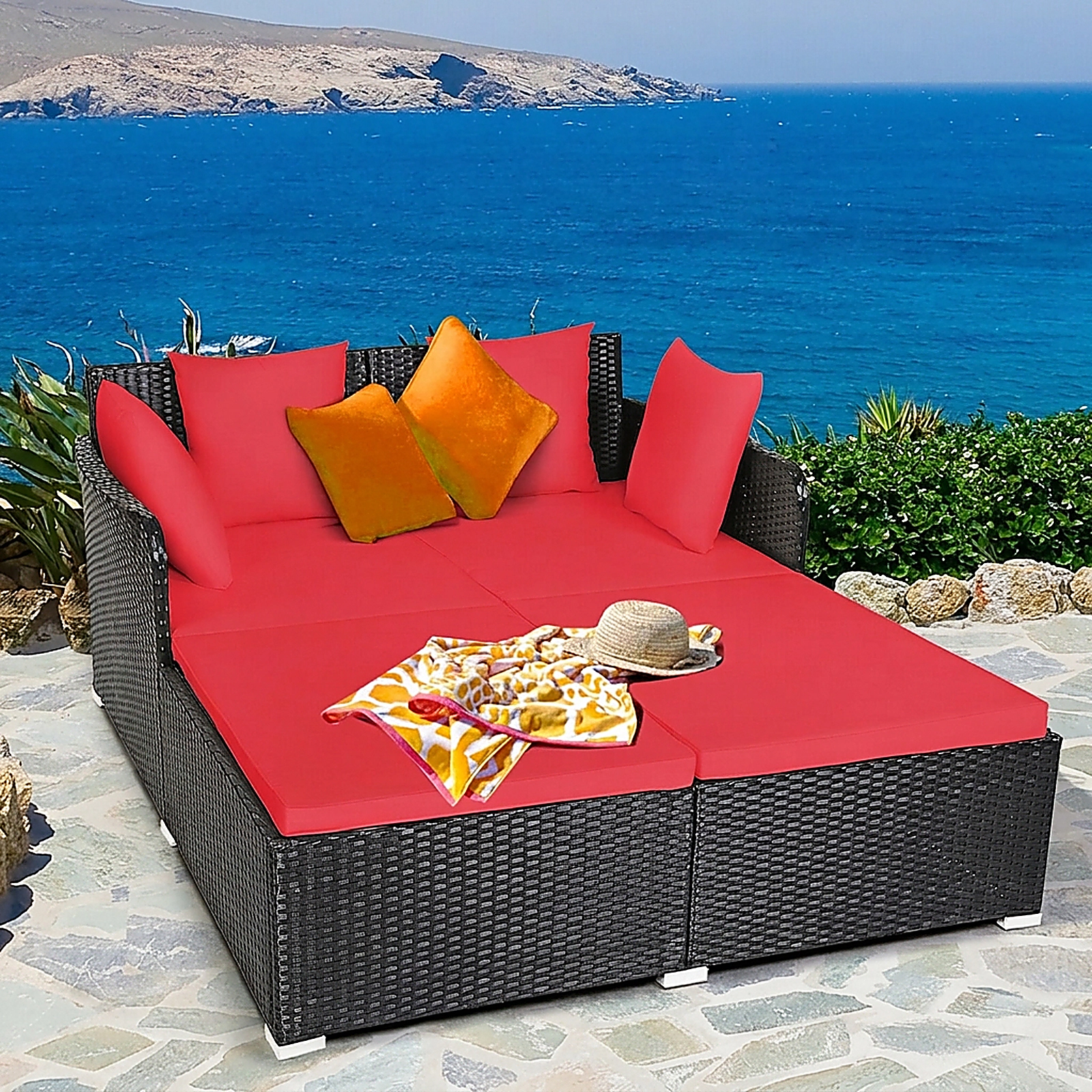 SUGIFT Upholstered Cushions and 4 Pillows Spacious Outdoor Rattan Daybed