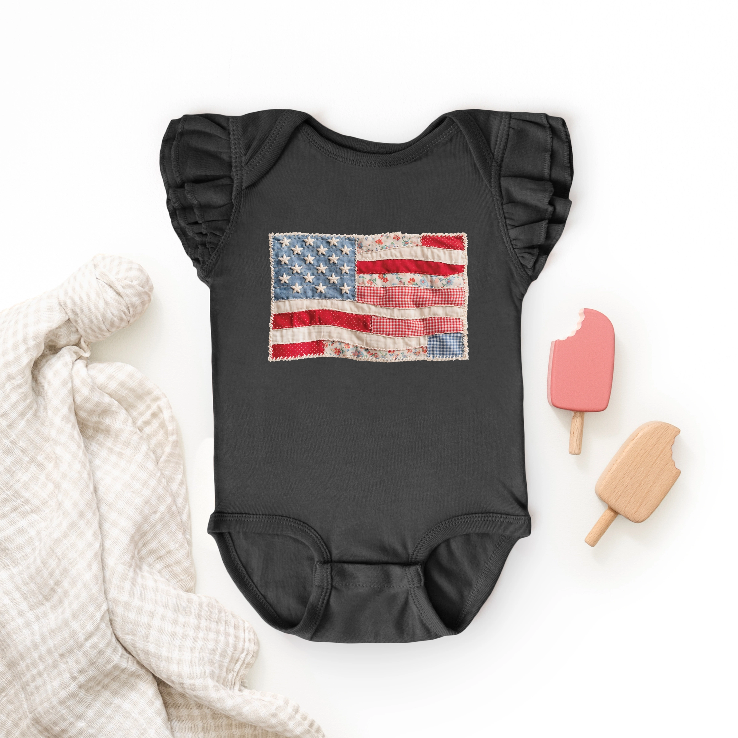 The Juniper Shop - Infant Girl's Flutter Sleeve Bodysuit American Flag Faux Patchwork