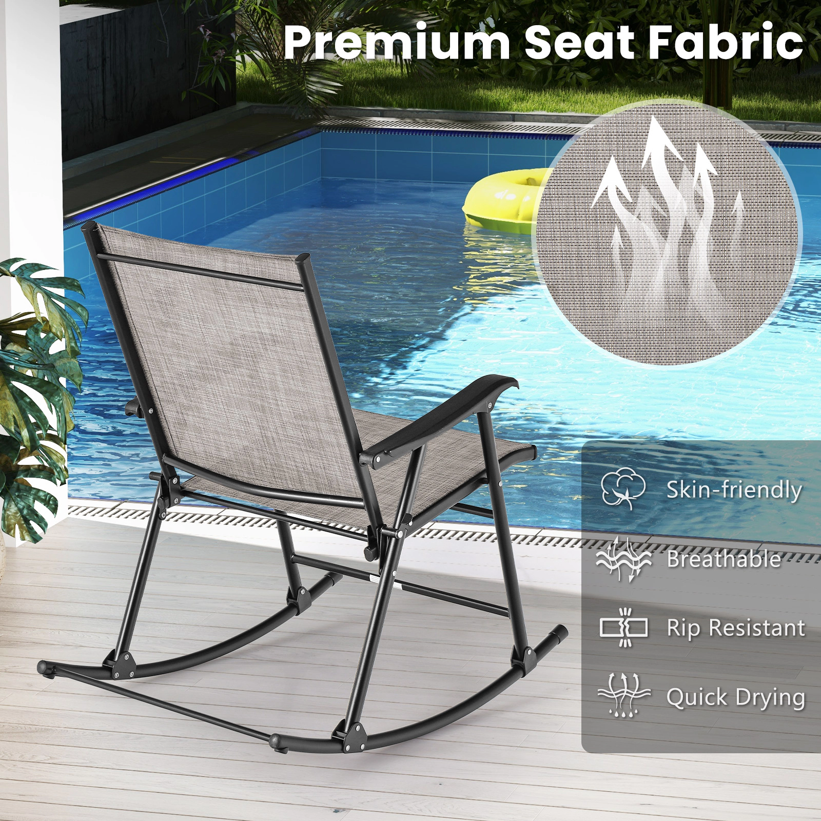 SUGIFT Folding Rocking Chair Set of 2 with Breathable Fabric Seat 330-lb Capacity 32.5-in Rocking Frame Brown
