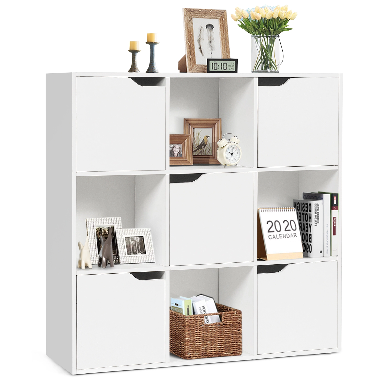 SUGIFT Free Standing 9-Cube Chipboard Storage Divider Bookcase 90-lb Capacity 35.5-in Tall for Home & Office White/Gray