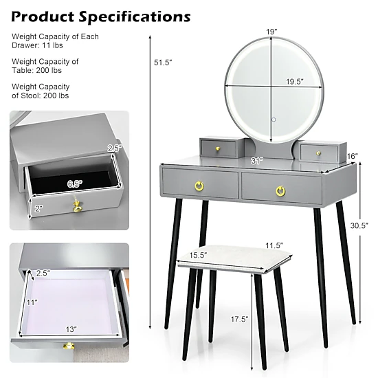 SUGIFT 3-Color Vanity Table and Stool Set with Lighted Mirror and 4 ...