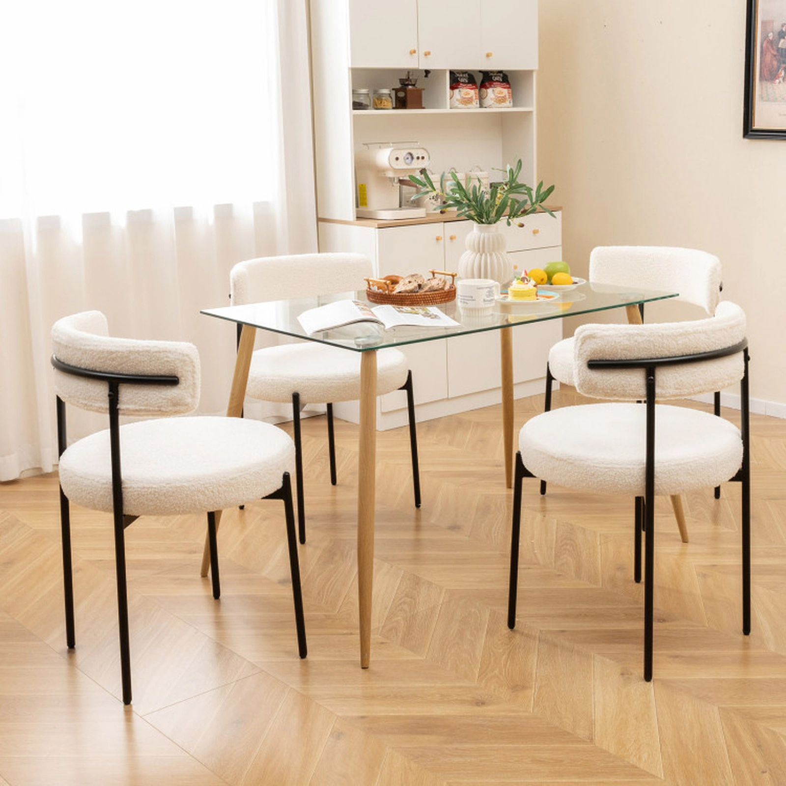 SUGIFT Curved Back Boucle Dining Chair with Metal Legs 330-lb Capacity Set of 4 White