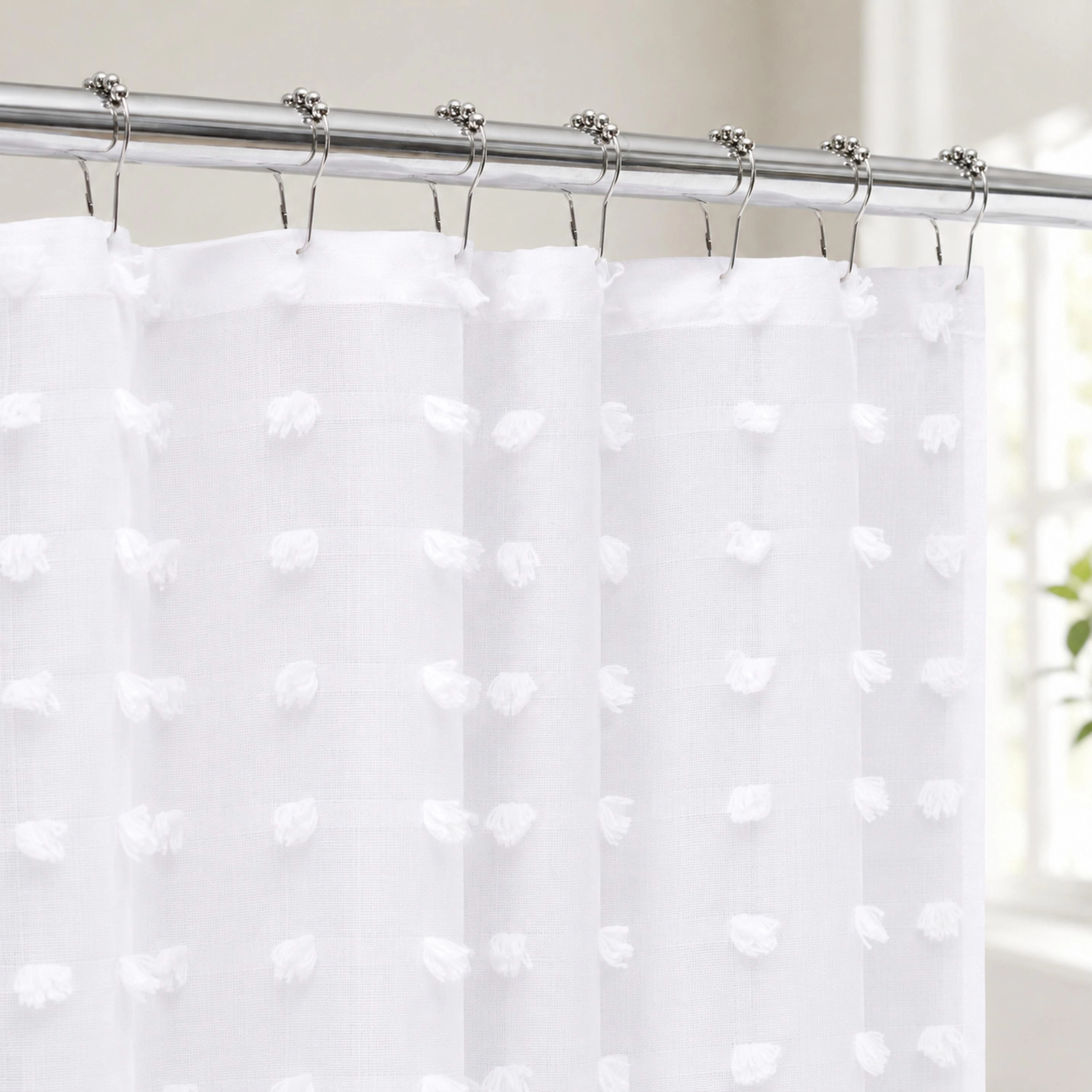 Dainty Home Snowball Modern 3D Linen-Look Fabric Shower Curtain With 3D Cotton Like Puffs 70" x 72"