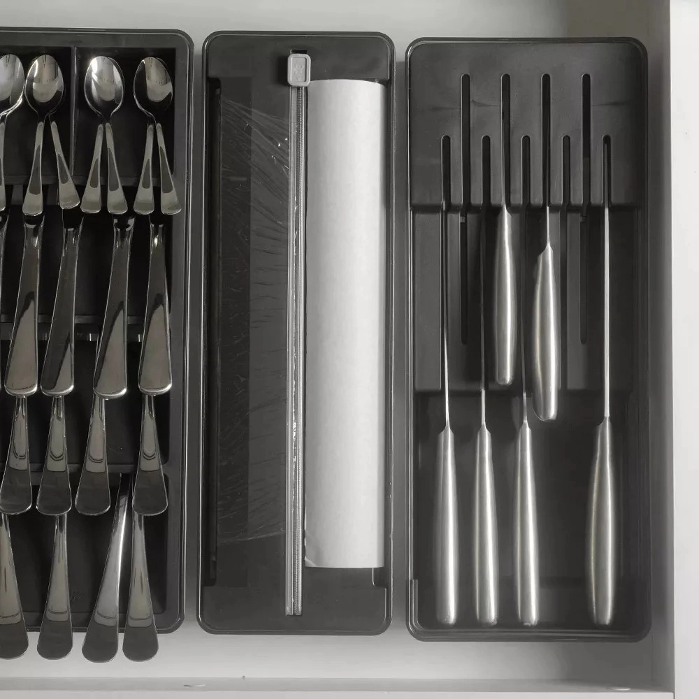 OU In-Drawer Silverware & Utensil Organizer Set- Knife Holder, Roll Dispenser for Foil & Wrap Cutlery Tray Drawer Insert