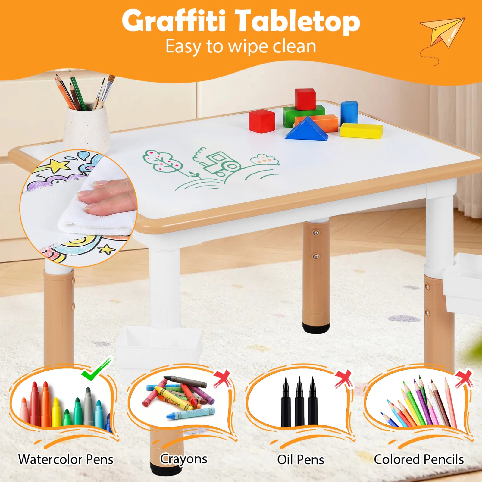 SUGIFT Height Adjustable Kids Table & Chairs Set Graffiti Desktop & 2 Storage Baskets 220-lb Capacity Ages 18+ Months