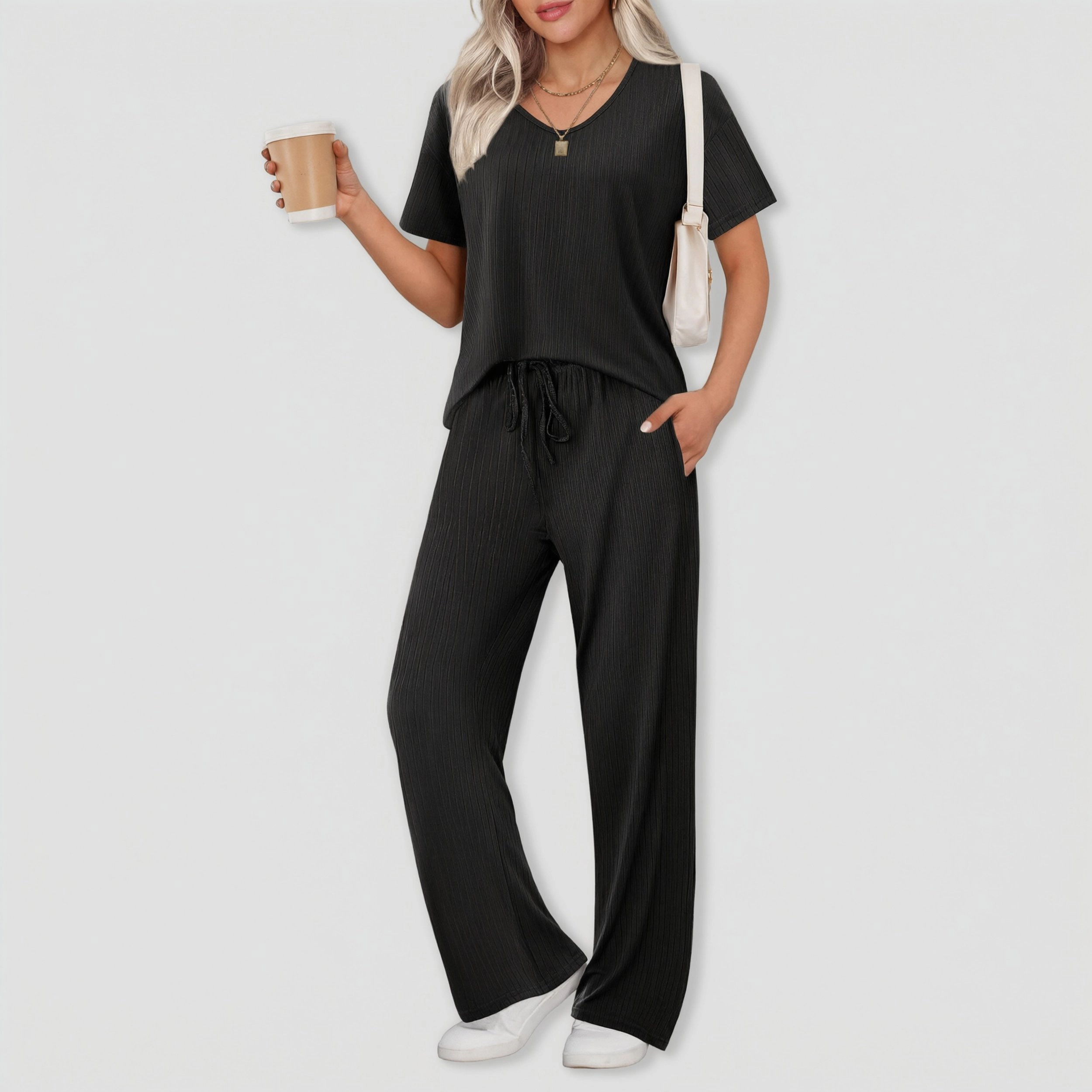 Ekouaer Lounge Sets for Women Ribbed Pajama Set Short Sleeve Top and Long Pants with Pockets