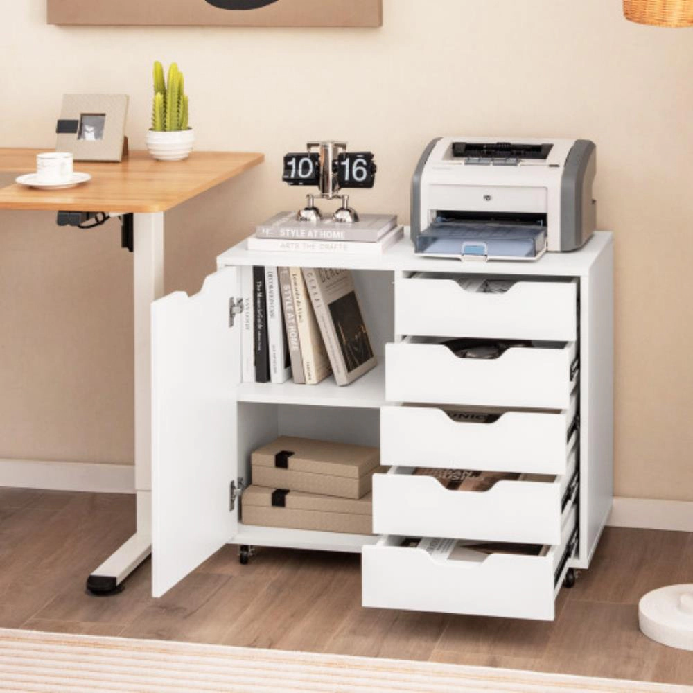 Hivvago 5-Drawer Dresser Chest Mobile Storage Cabinet with Door-White