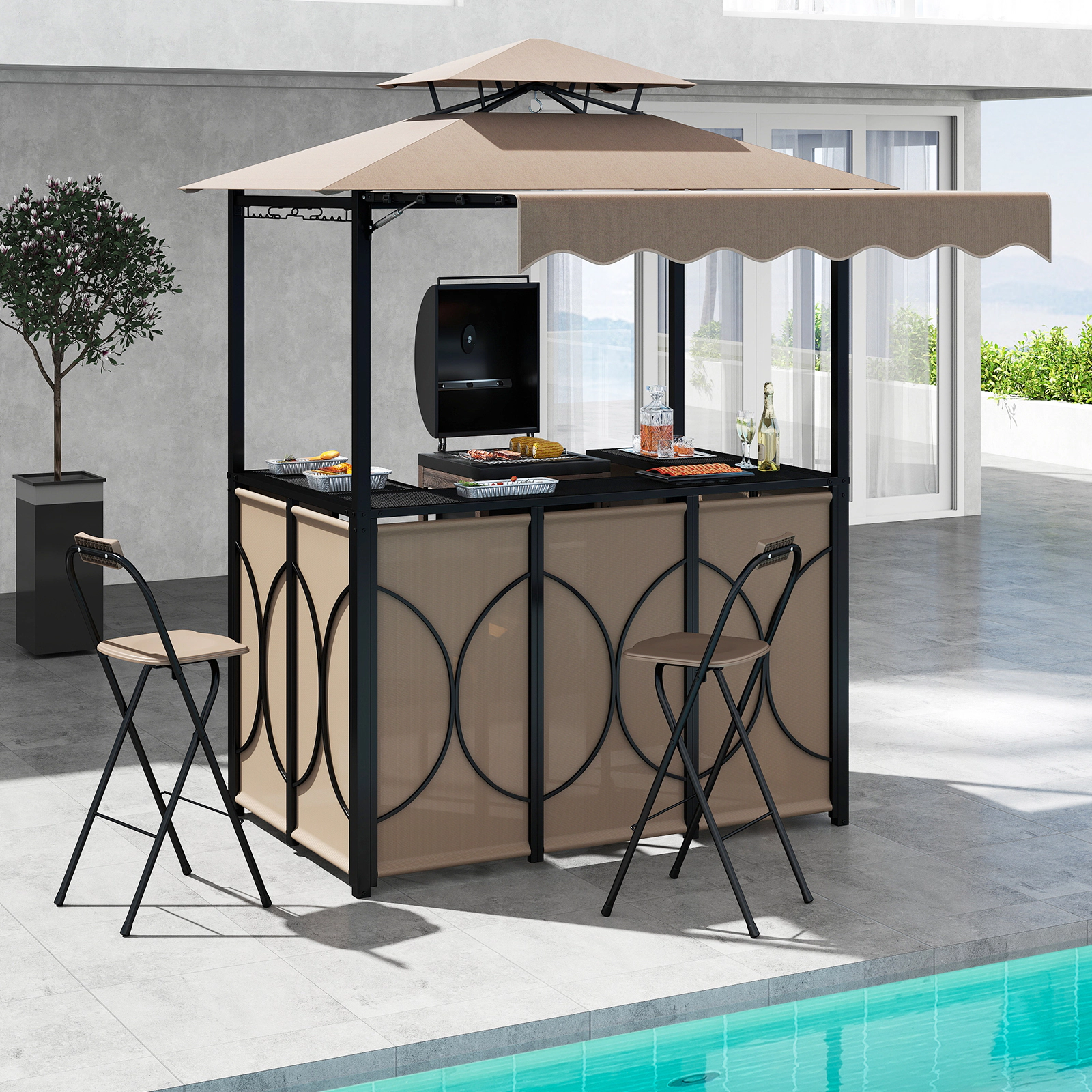 SUGIFT Grill Gazebo Coffee 3-Piece BBQ Canopy with Awning Bar Table and 2 Chairs