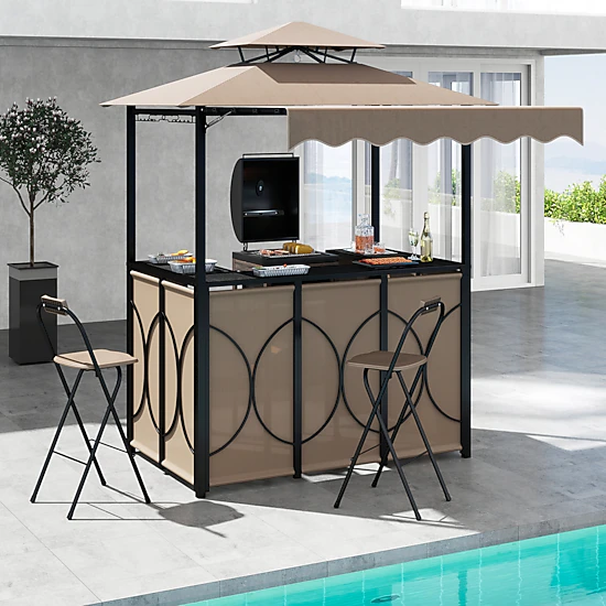 SUGIFT Coffee 3-Piece Grill Gazebo Canopy with Side Awning Bar Table and 2 Chairs 6.3-ft W 8-ft H