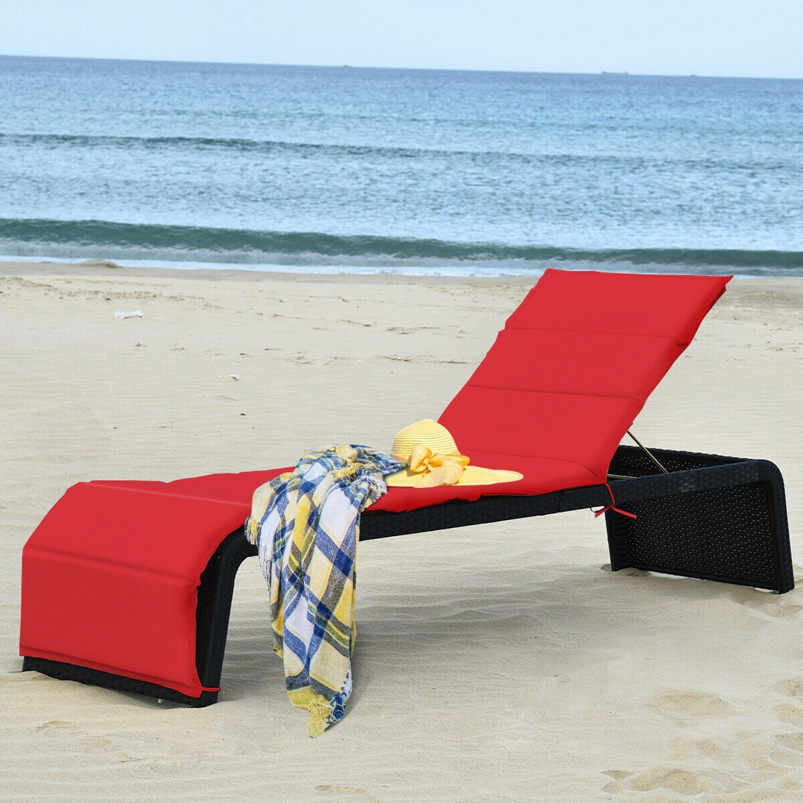SUGIFT Red Patio Rattan Lounge Chair, 5-Position Reclining Backrest, Washable Cushion