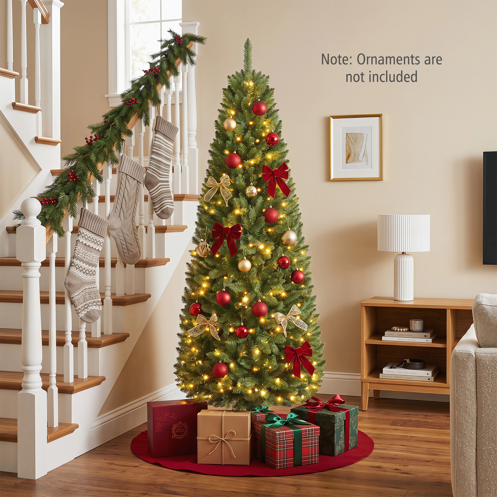 Costway 5/6/7Ft Pre-lit Artificial Pencil Christmas Tree Hinged Fir PVC Tree with 150/250/350 LED Lights