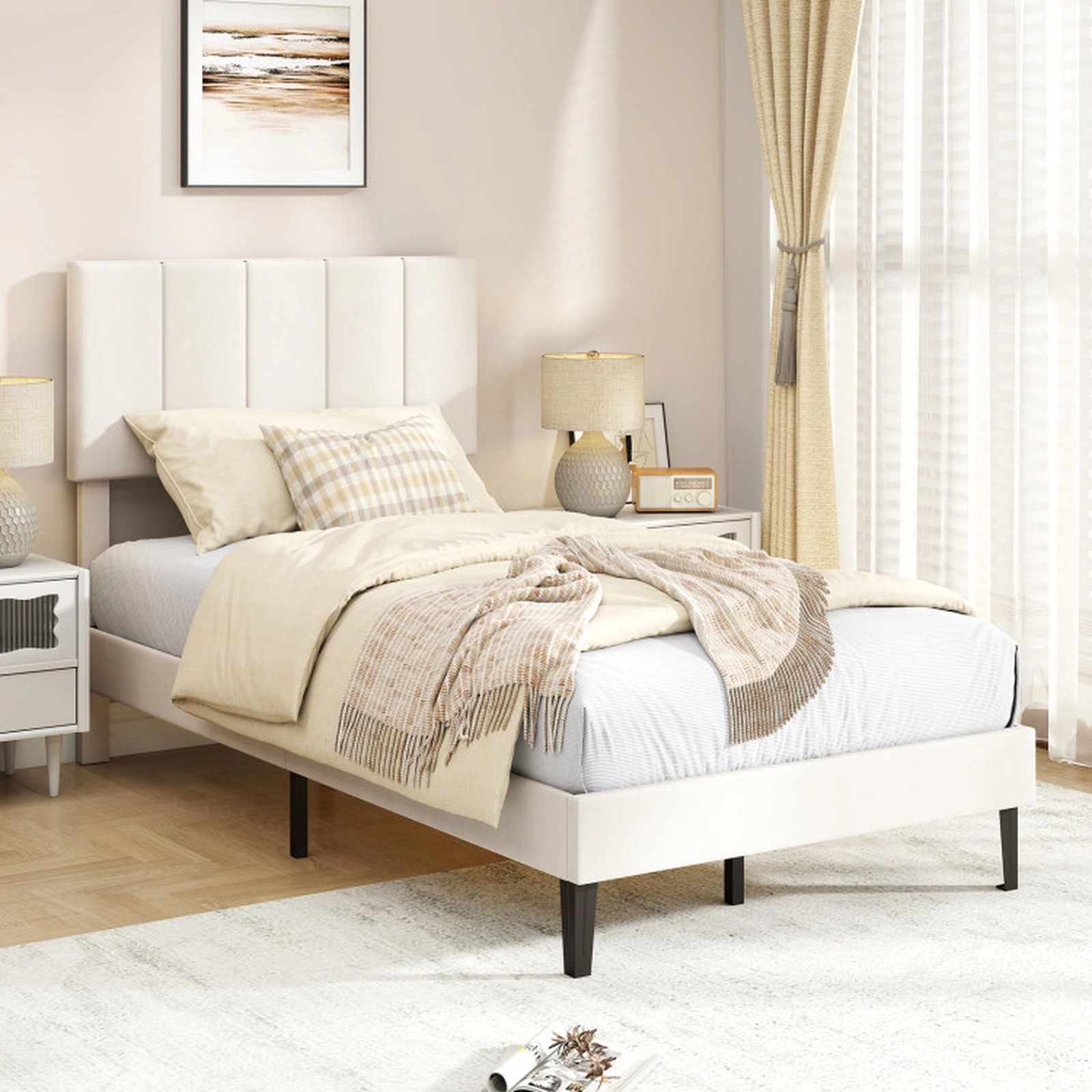 SUGIFT Height Adjustable Upholstered Twin Platform Bed Frame 500-lb Capacity Beige