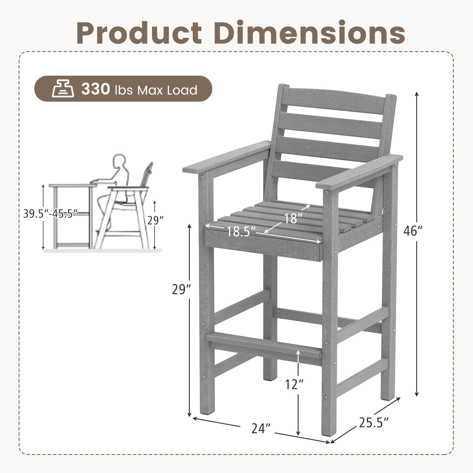 SUGIFT Adirondack Patio Bar Chairs Set of 2 330-lb Capacity Gray