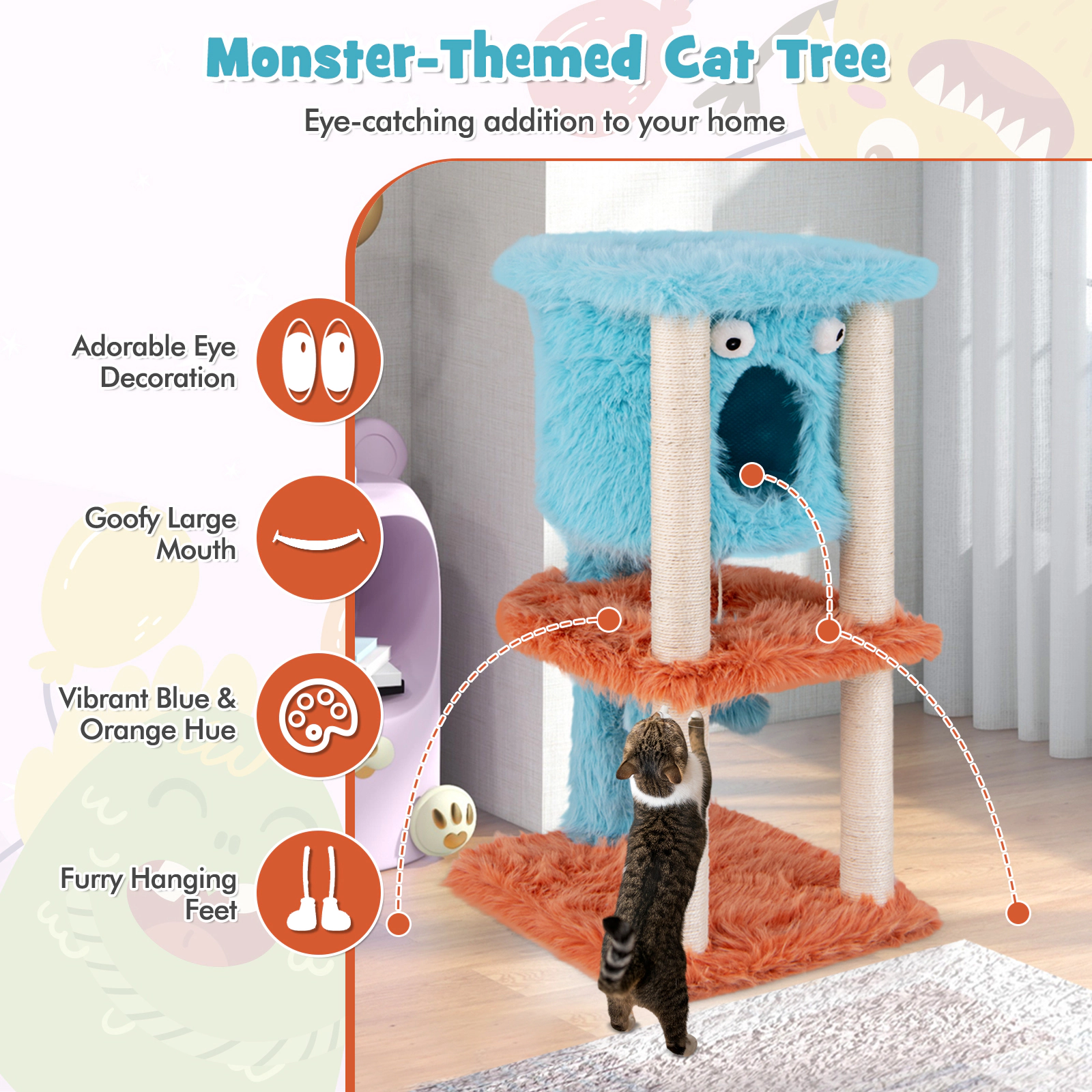 SUGIFT Blue Monster-Themed Cat Tower with Hanging Condo and Long Plush Cover