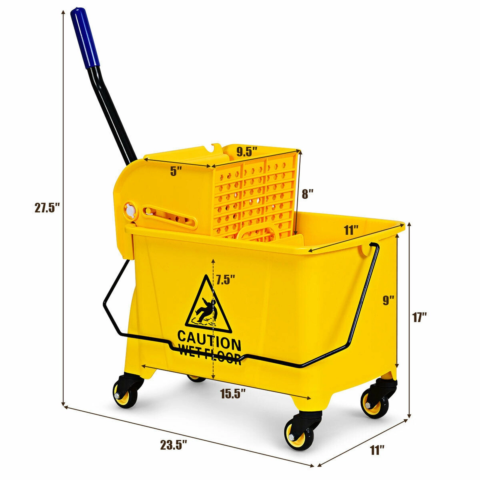 SUGIFT 21-qt Yellow PP Mop Bucket with Press Wringer Water Separation Panel and TPR Swivel Wheels