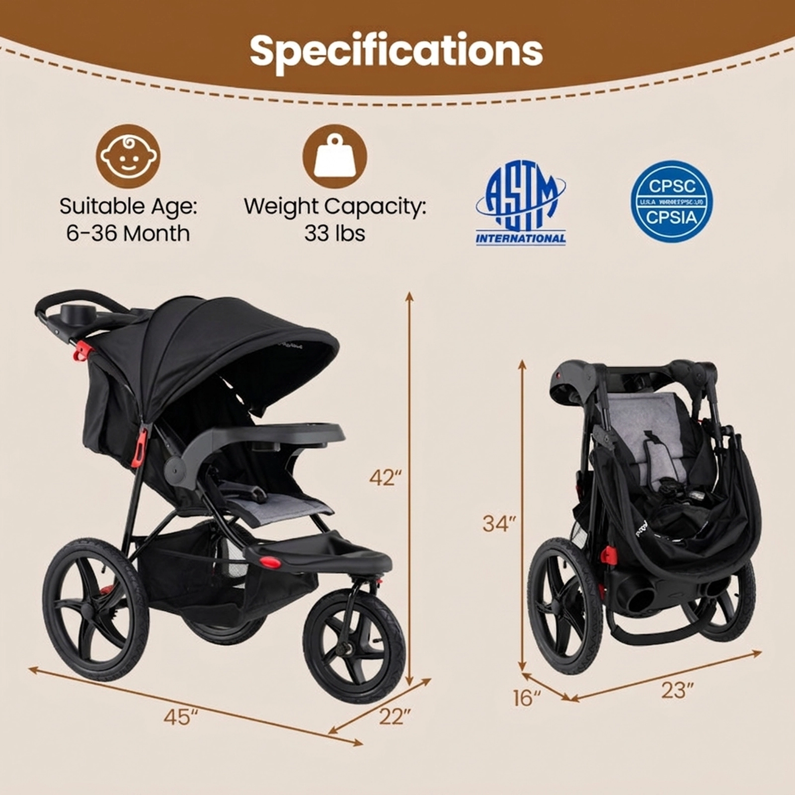 SUGIFT Black 33-lb Capacity 15.5-in Air-Filled Tire Foldable Jogging Stroller with Detachable Trays