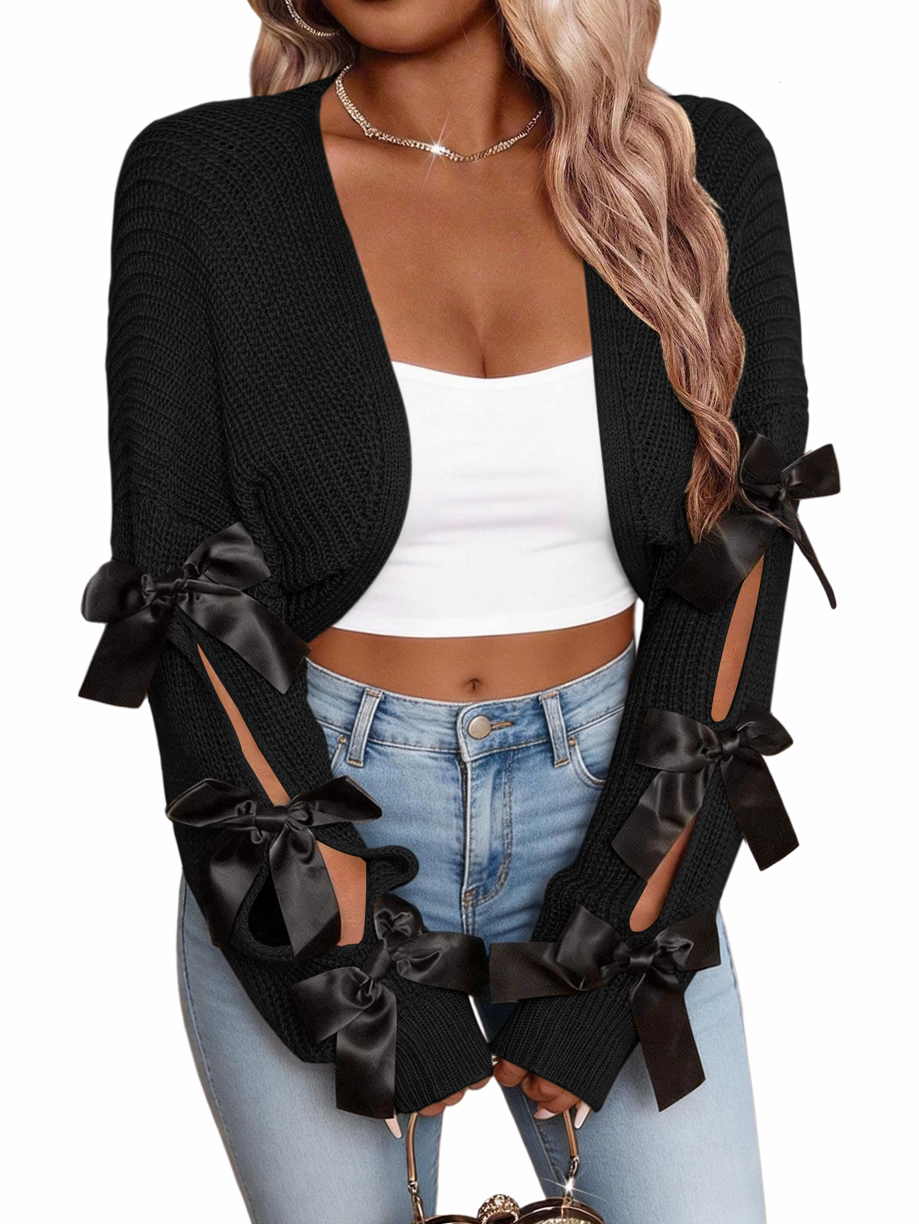 KOJOOIN Women's Cropped Bow Open Front Cardigan Shrug Sweater Bows Sleeves Casual Knit