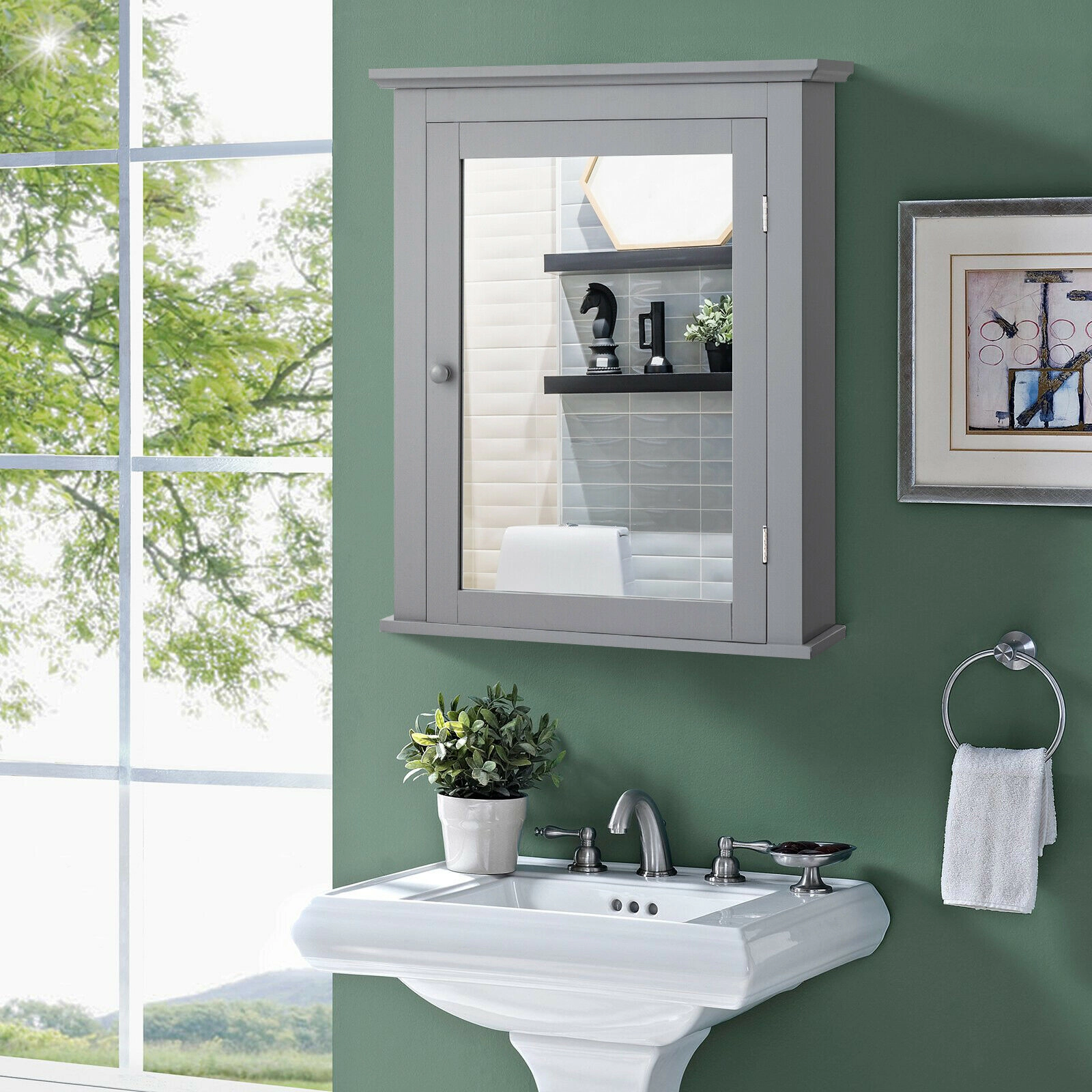 SUGIFT Mirrored Door Waterproof Adjustable Shelves MDF Bathroom Medicine Cabinet 22-in x 6-in x 27.5-in 11-lb Gray