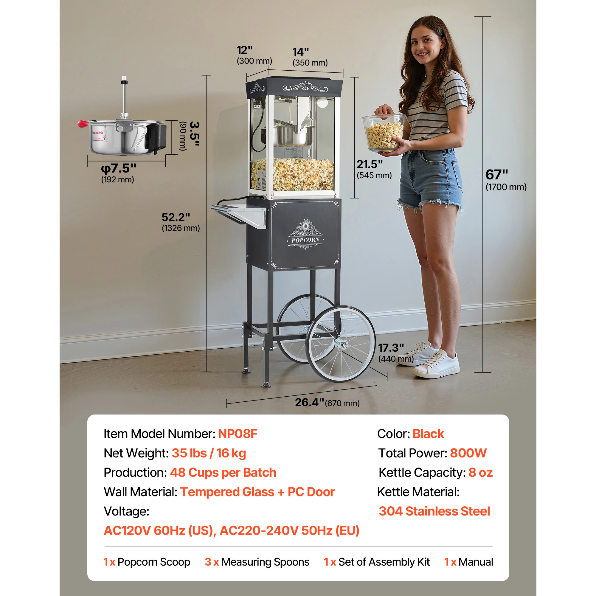 HONGGE Popcorn Machine with Cart 8oz Stainless Steel Kettle 800W Commercial Maker 48 Cups per Batch Theater