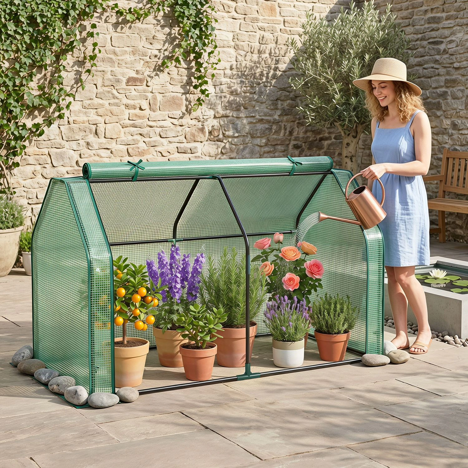 LJG Portable Mini Greenhouse Small Garden with PE Cover and Zippered Roll-up Door for Vegetables