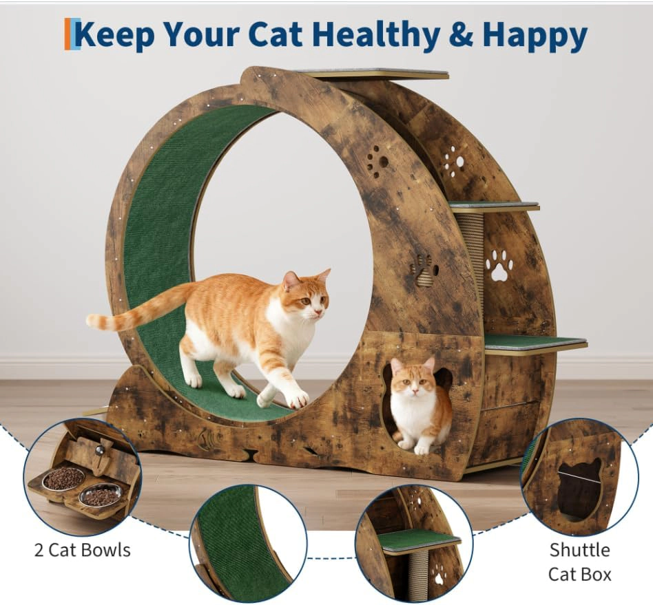 85cm Inner-Diameter Multi-Function Cat Exercise Wheel, Density-Board Cat Running Treadmill, Retro Brown